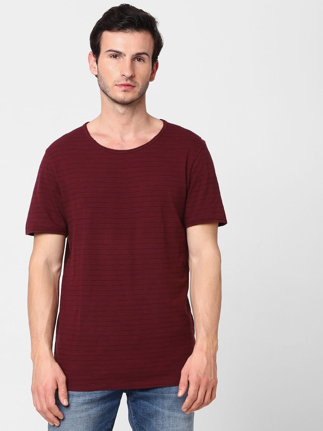 Maroon Striped Crew Neck T-Shirt