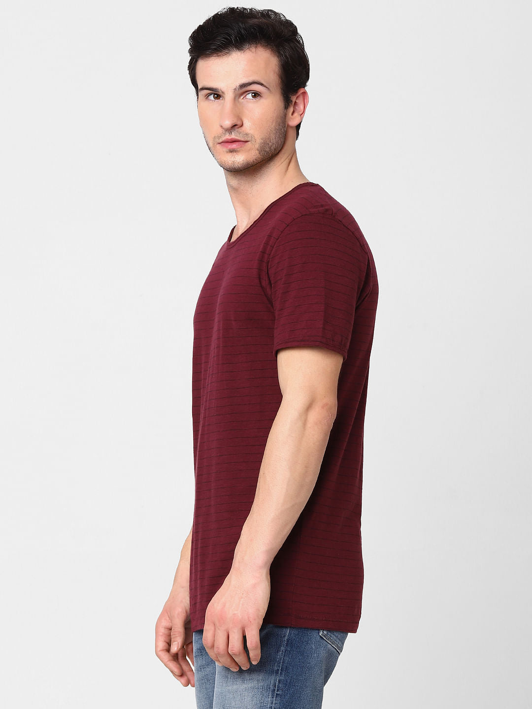 Maroon Striped Crew Neck T-Shirt