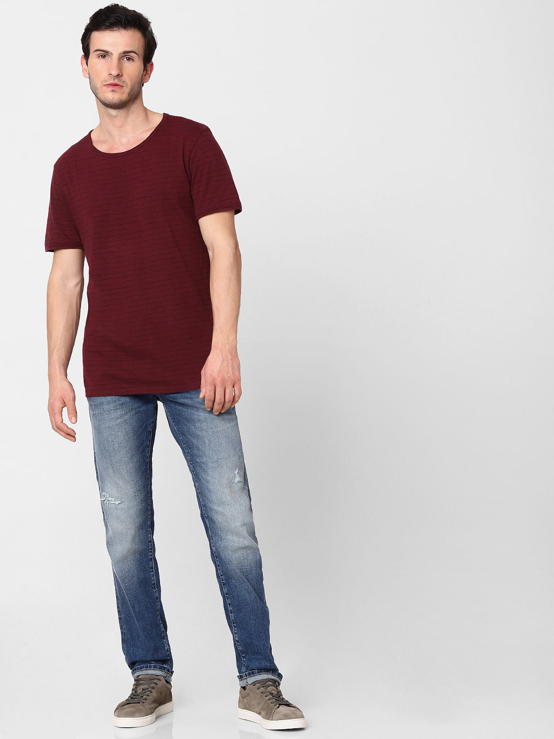 Maroon Striped Crew Neck T-Shirt