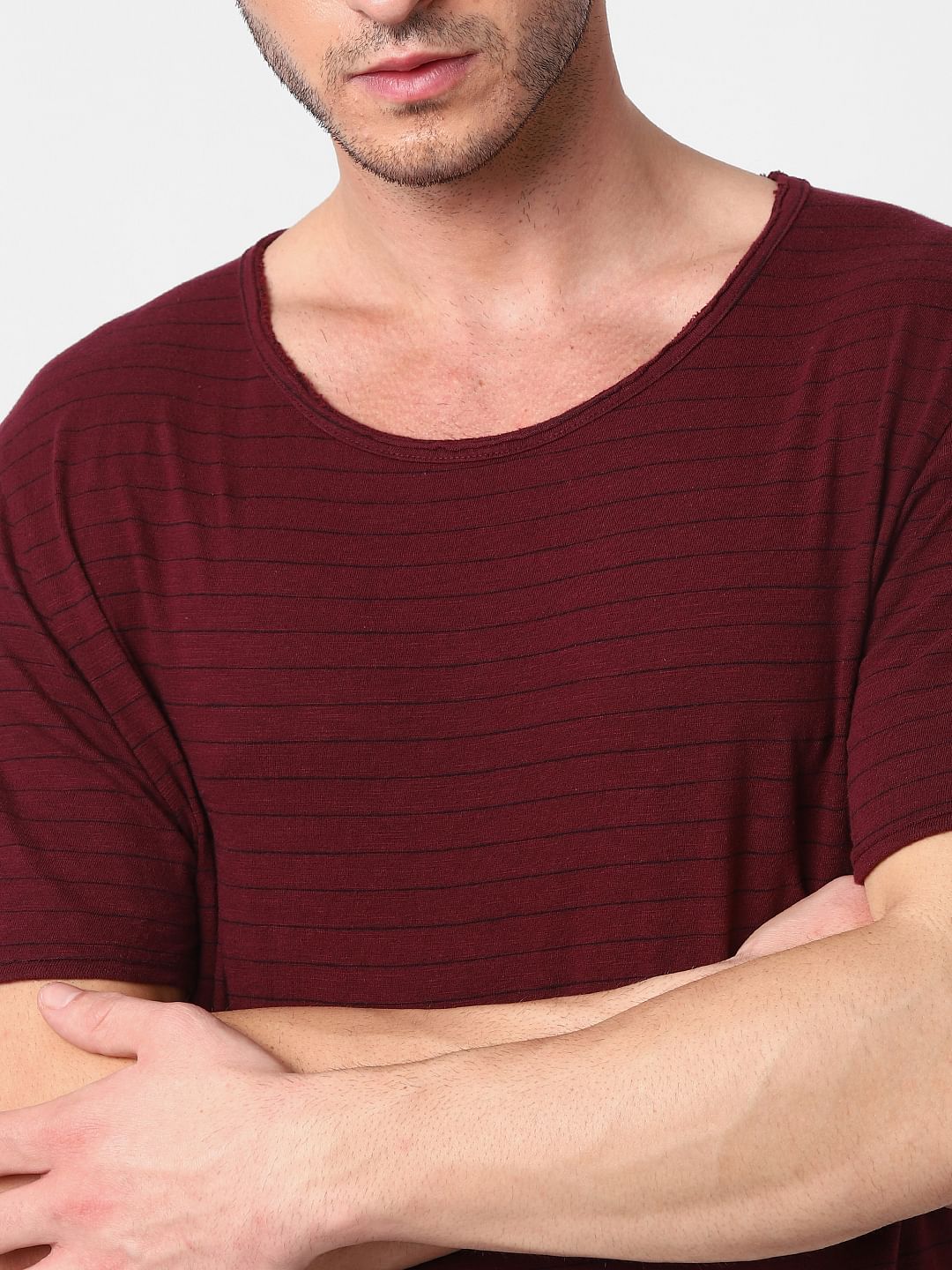Maroon Striped Crew Neck T-Shirt