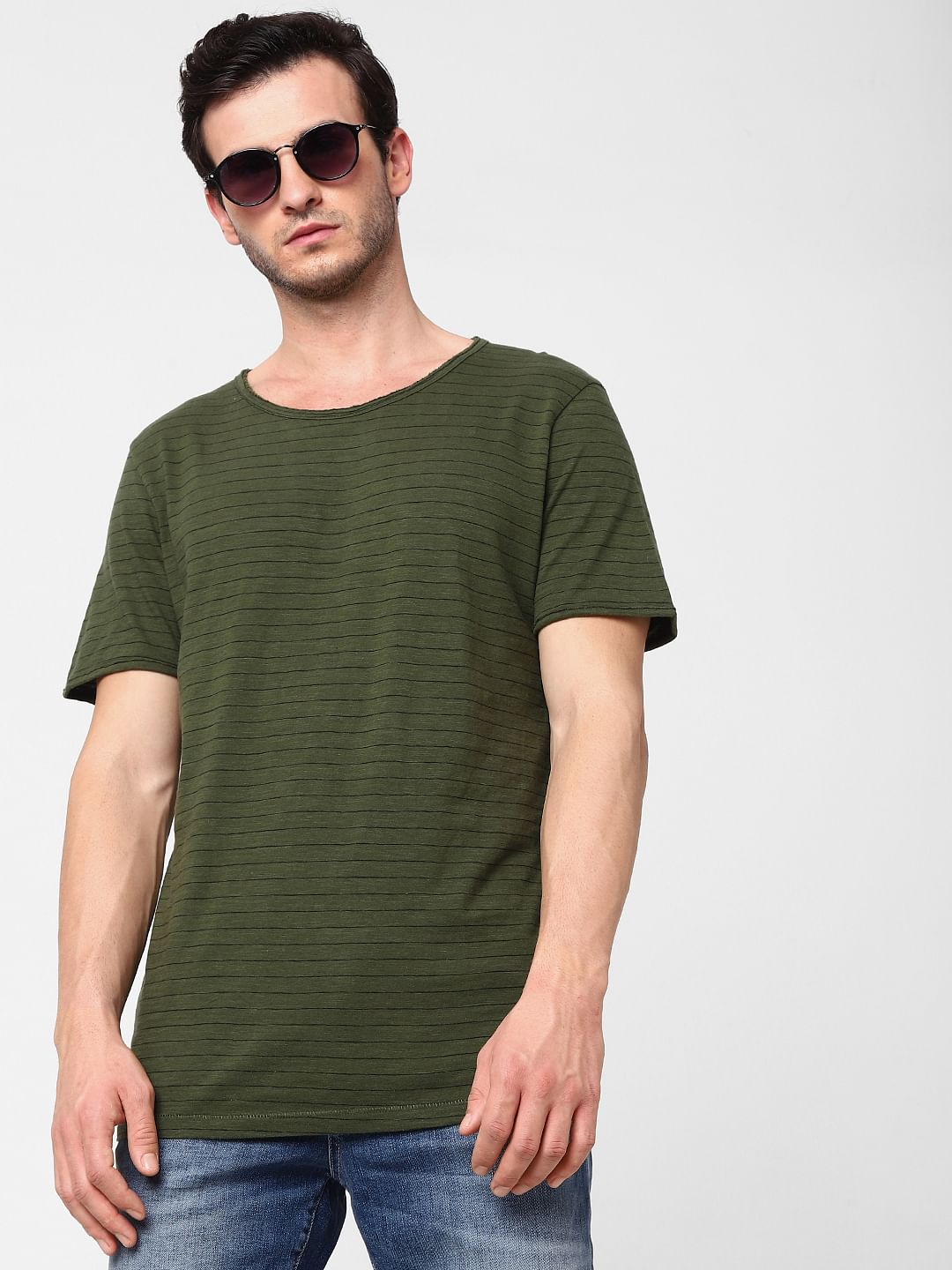 Olive Green Striped Crew Neck T-Shirt