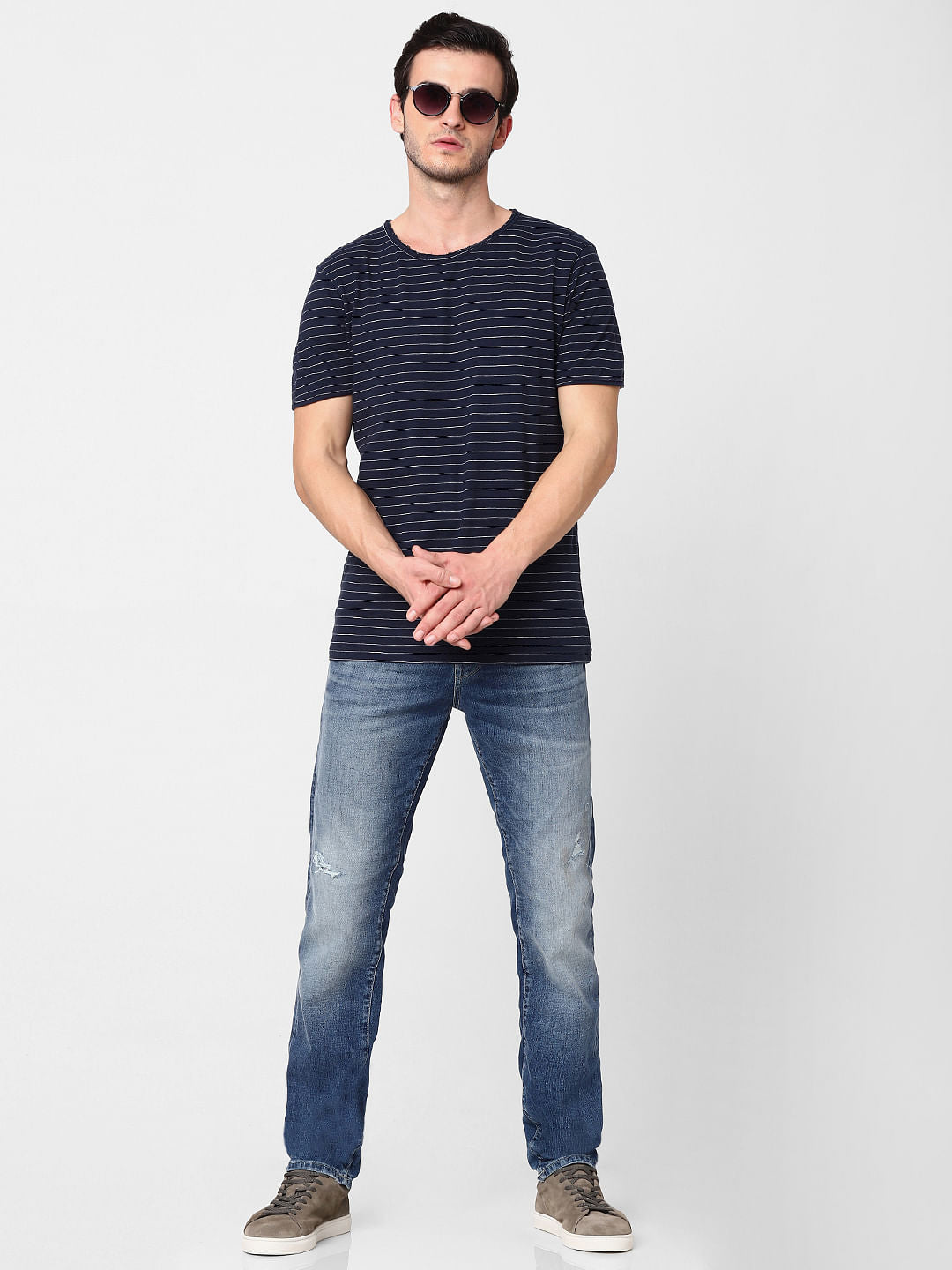 Navy Blue Striped Crew Neck T-Shirt