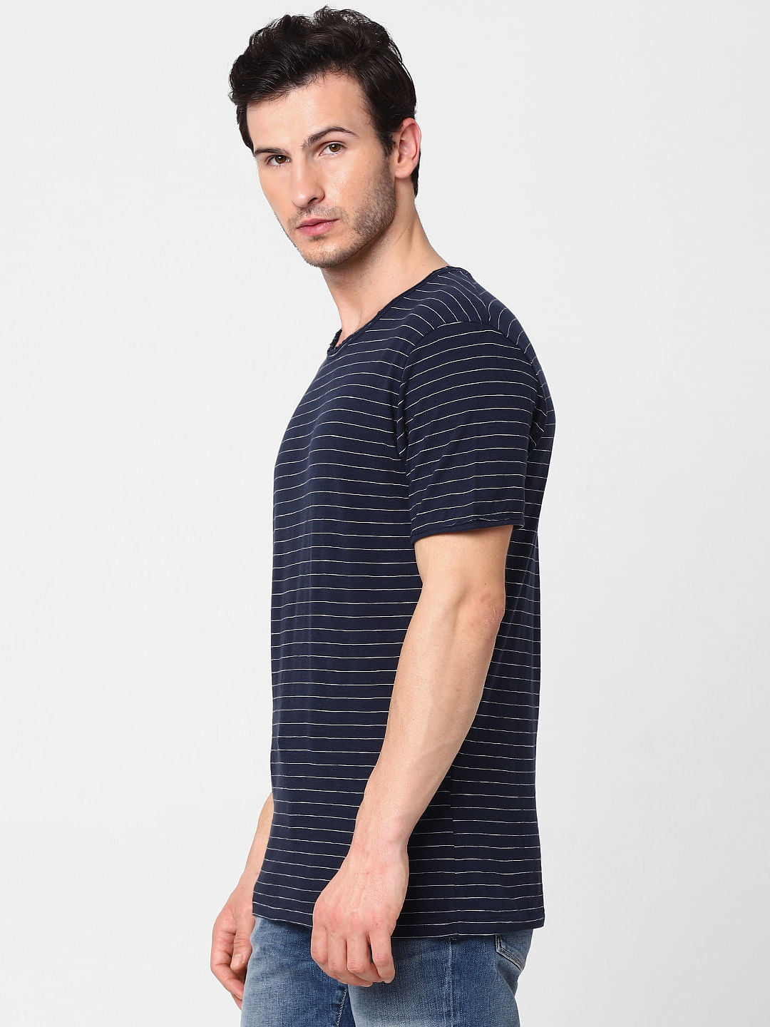 Navy Blue Striped Crew Neck T-Shirt