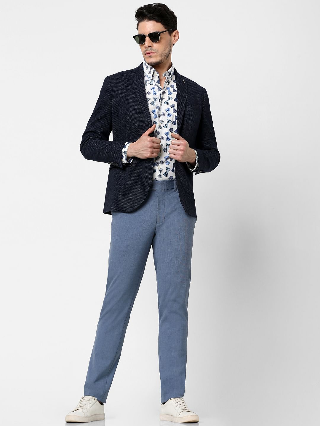 Navy Blue Self-Design Blazer