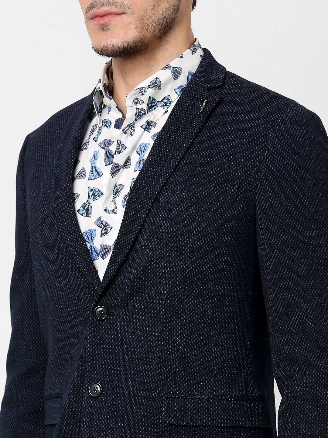 Navy Blue Self-Design Blazer