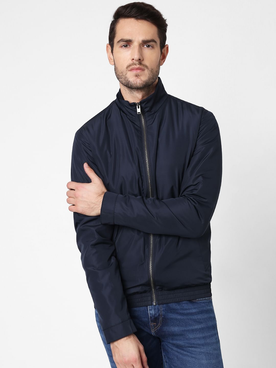 Navy Blue High Neck Casual Jacket