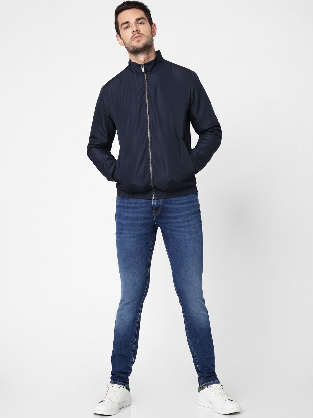 Navy Blue High Neck Casual Jacket