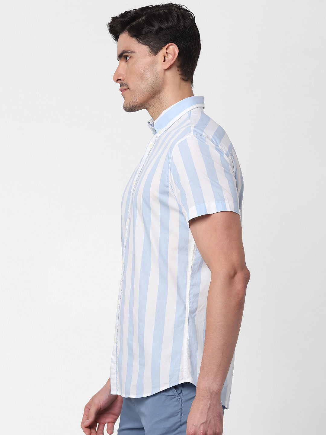 Light Blue Striped Short Sleeves Shirt