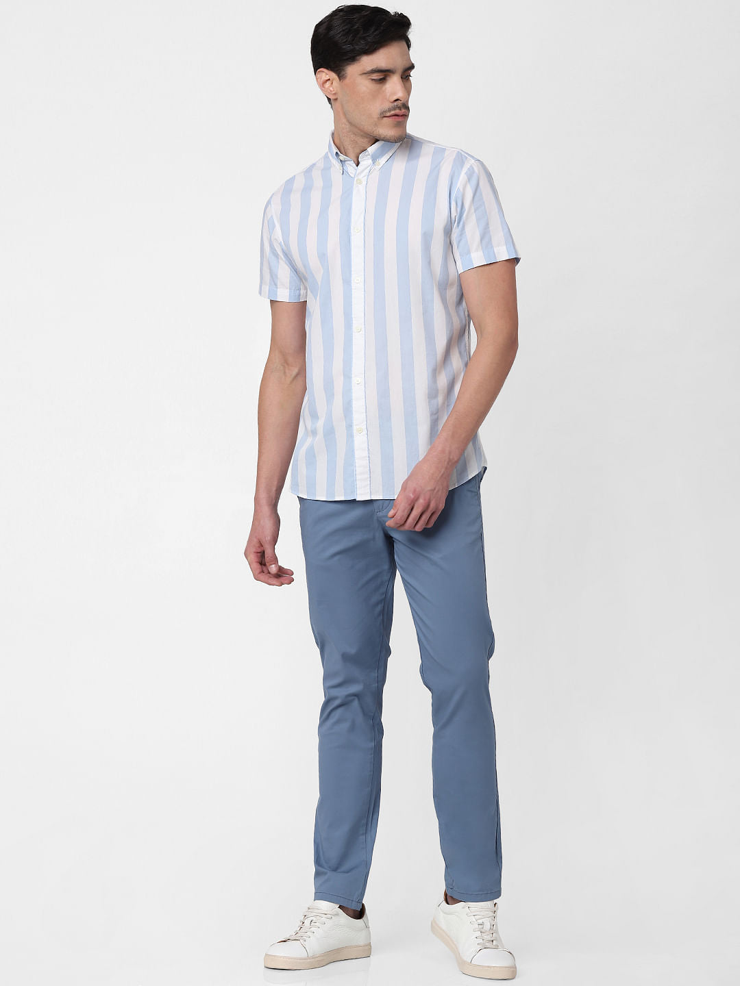 Light Blue Striped Short Sleeves Shirt