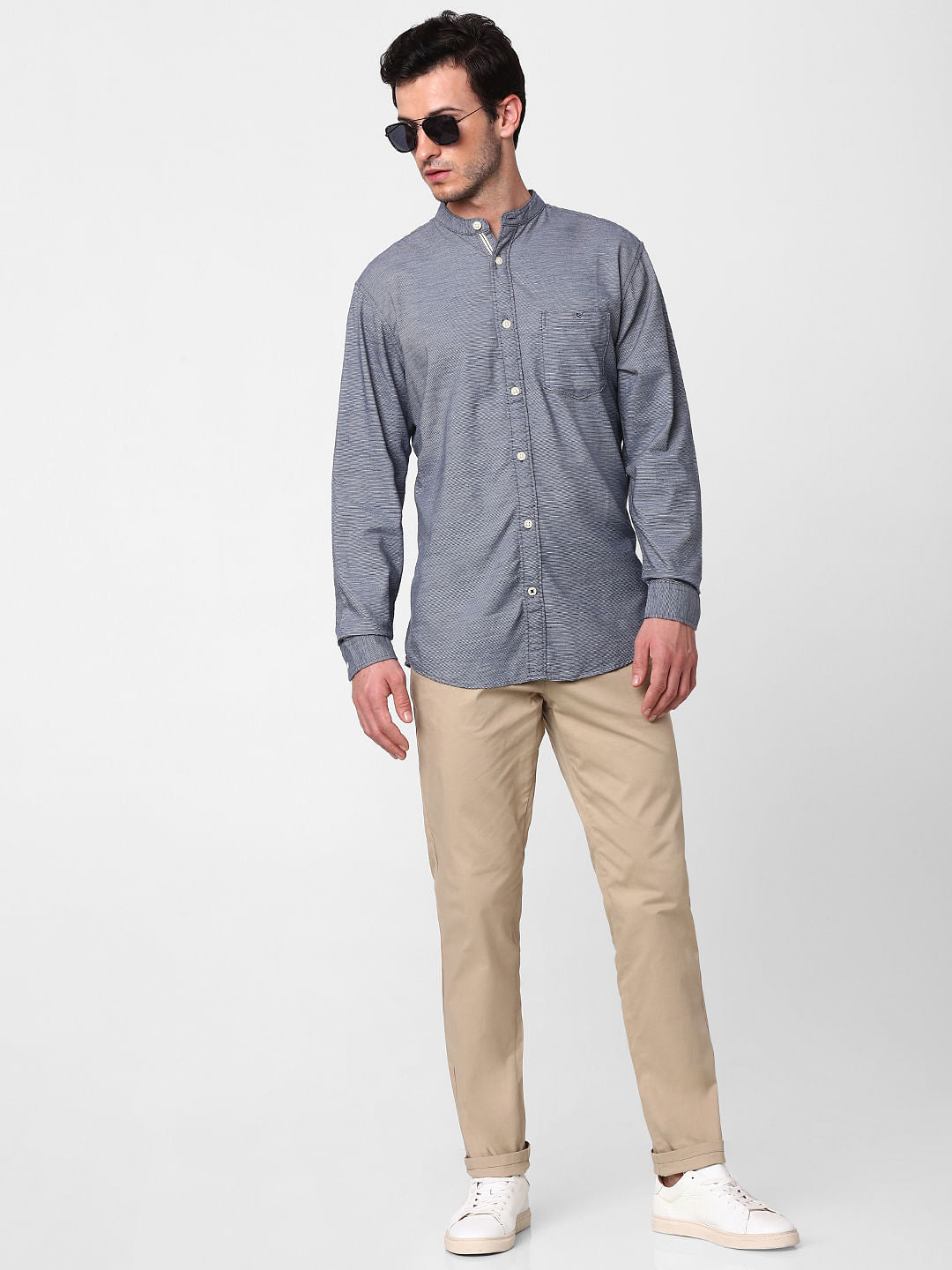 Blue Self Design Full Sleeves Shirt