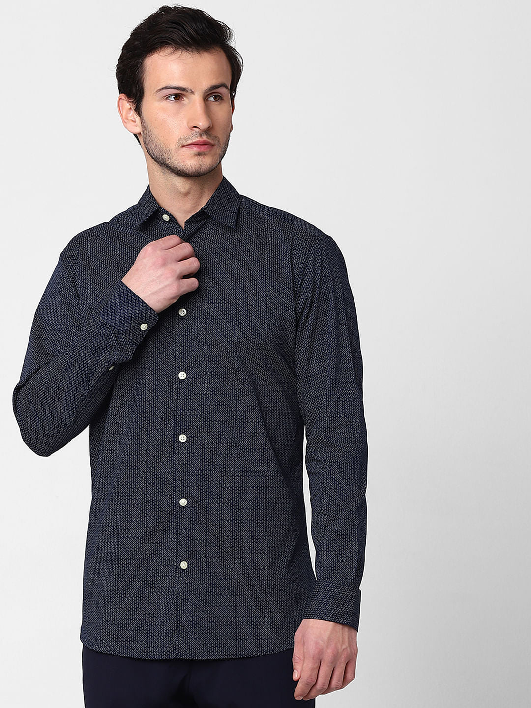 Dark Blue Self Design Full Sleeves Shirt