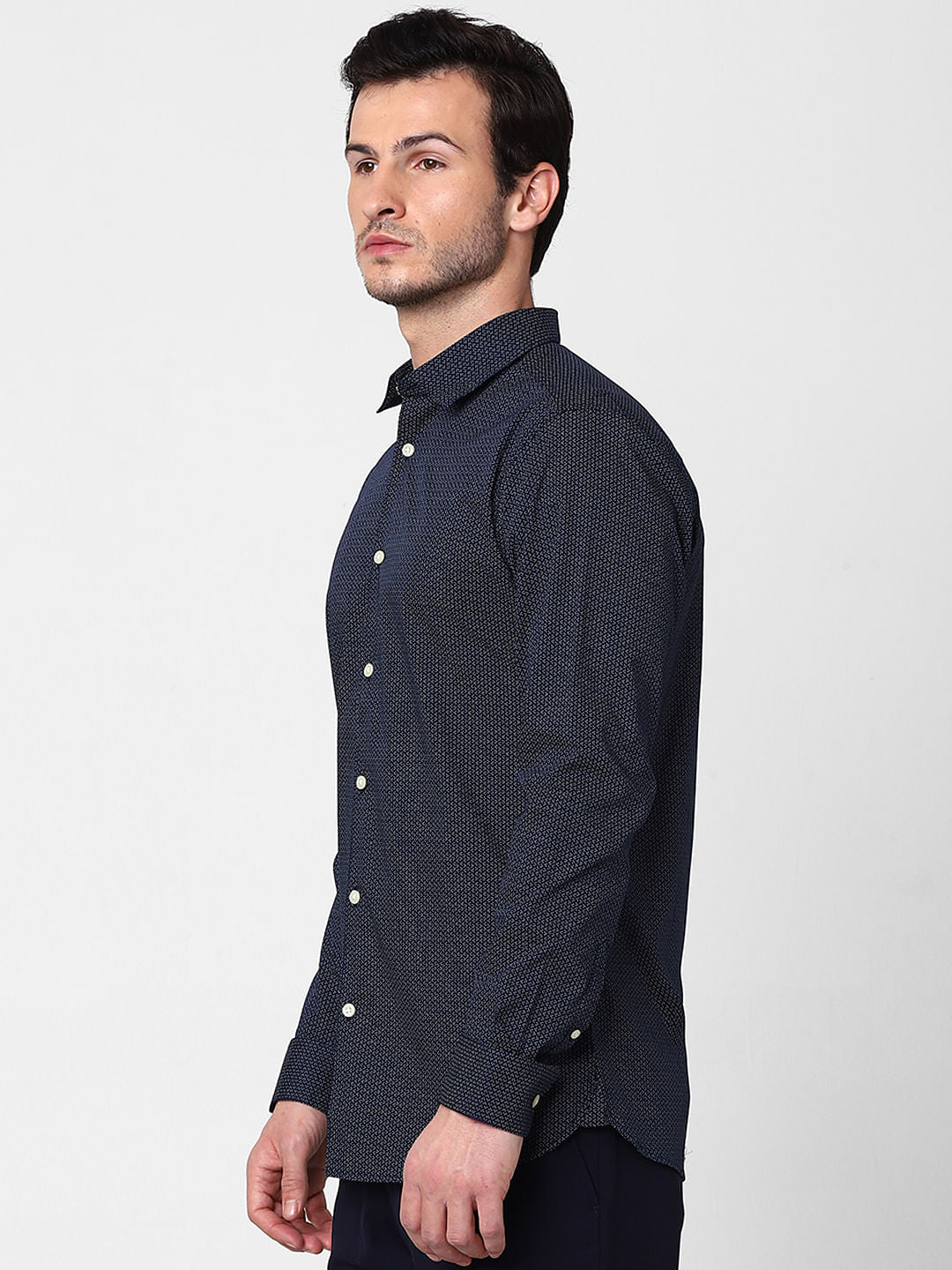 Dark Blue Self Design Full Sleeves Shirt