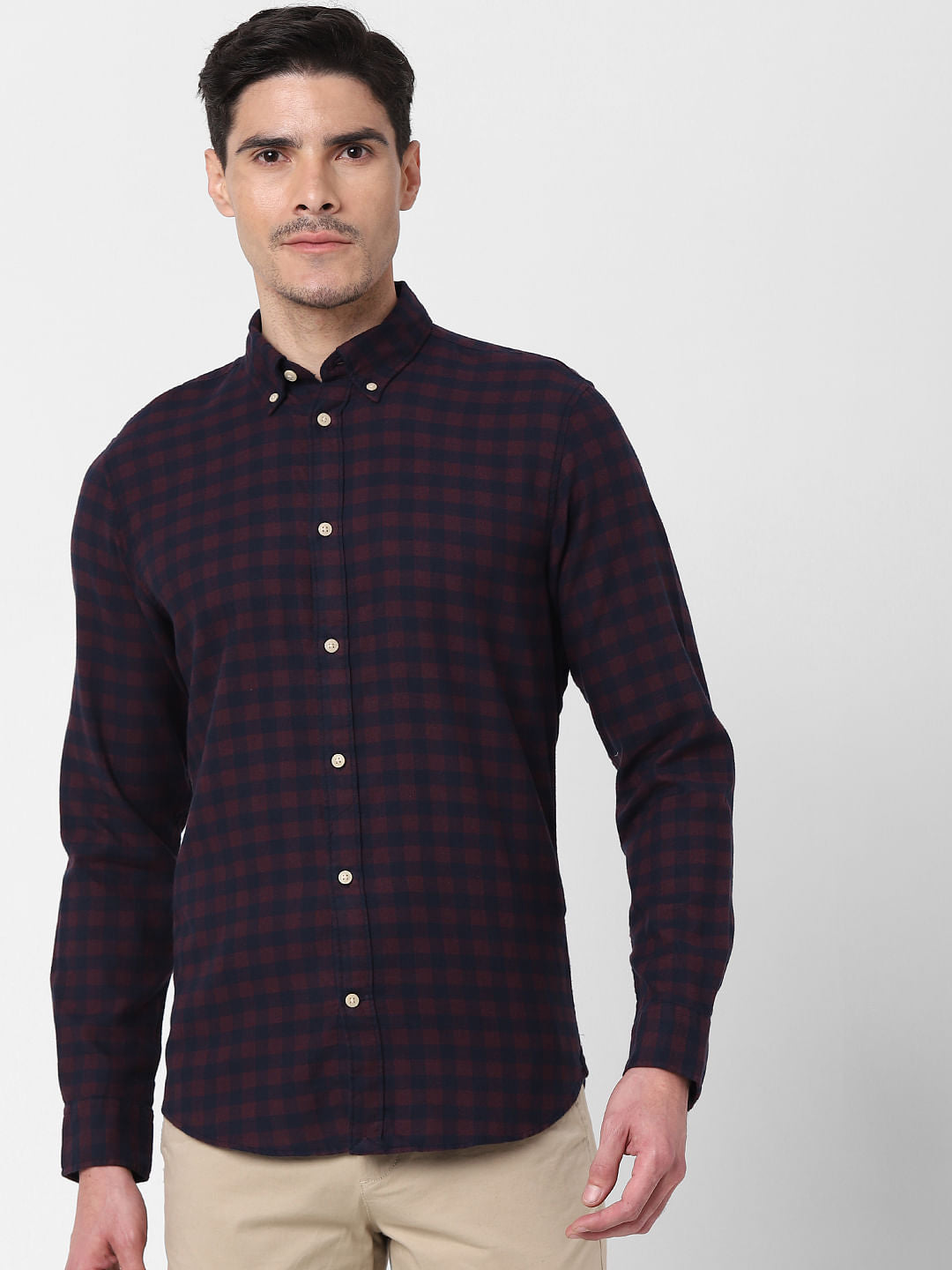 Burgundy Flannel Checked Full Sleeves Shirt