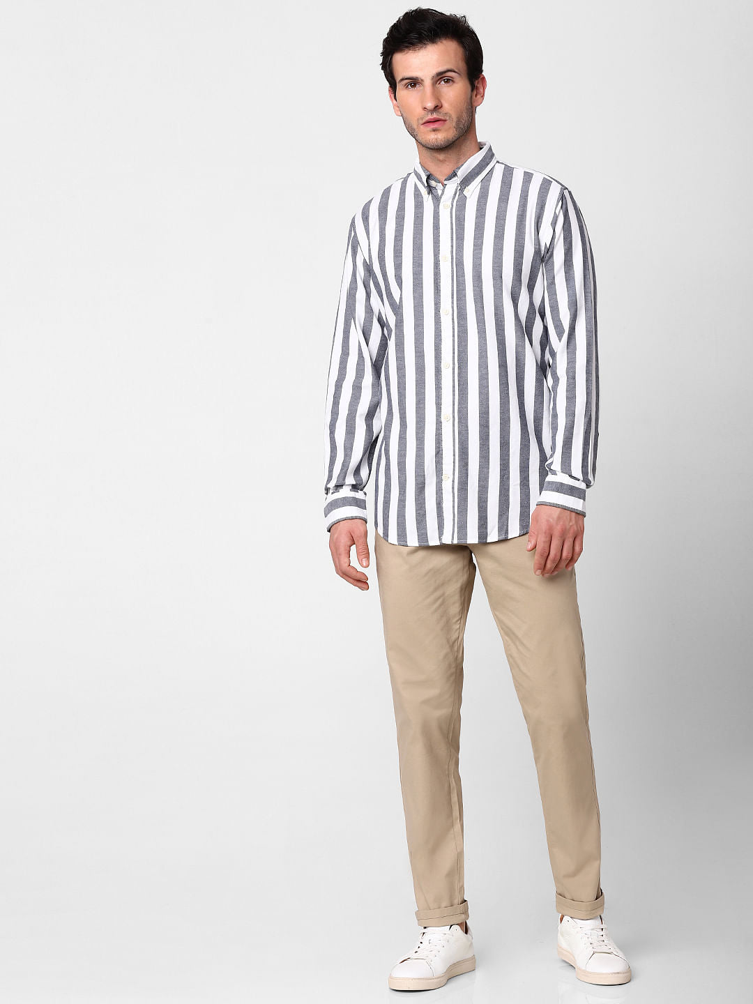 Grey Striped Full Sleeves Shirt