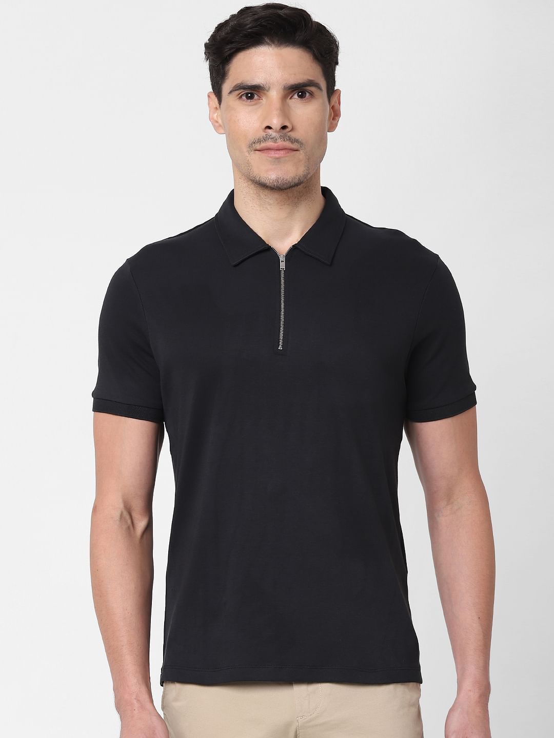 Black Zip-Up Polo Neck T-Shirt