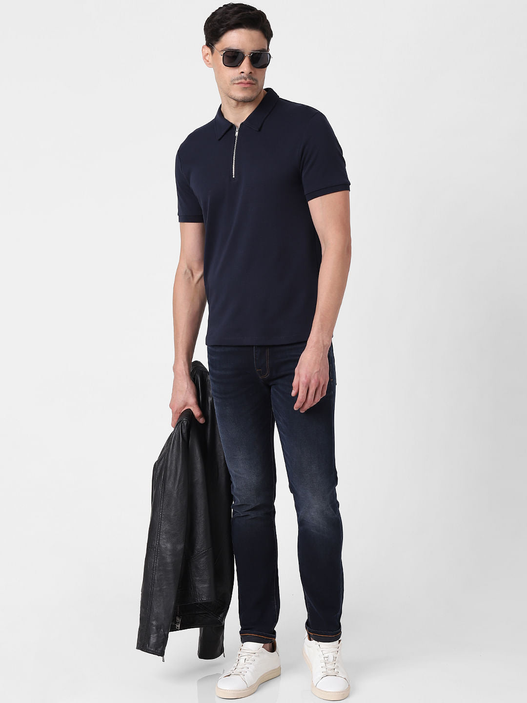 Navy Blue Zip-Up Polo Neck T-Shirt