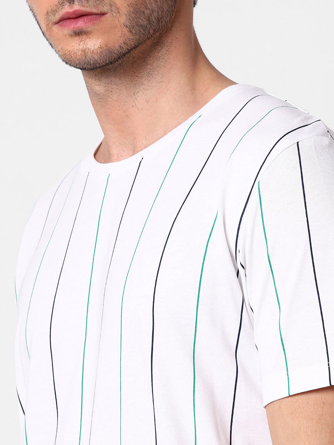 White Organic Cotton Striped Crew Neck T-Shirt