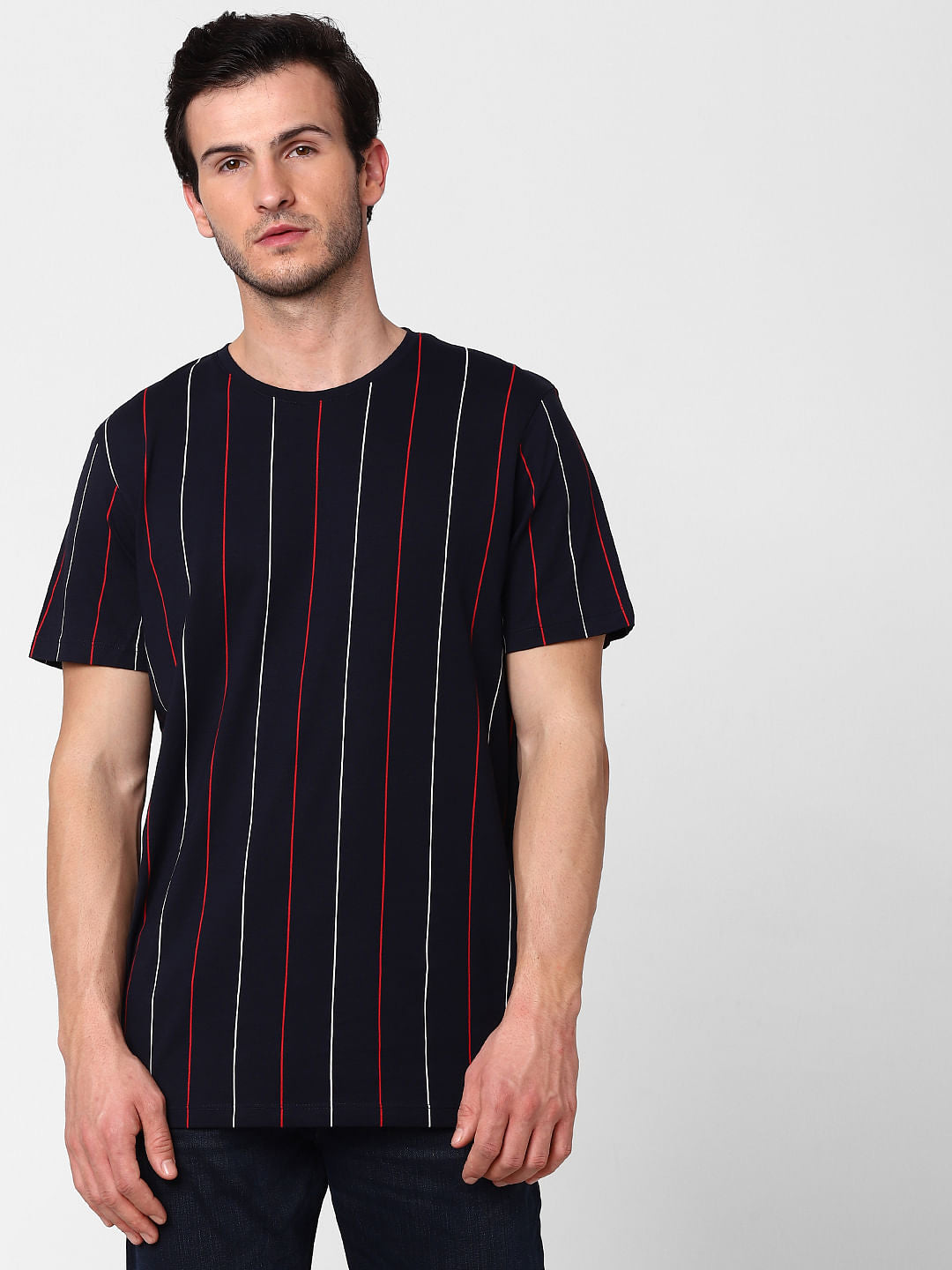 Blue Organic Cotton Striped Crew Neck T-Shirt