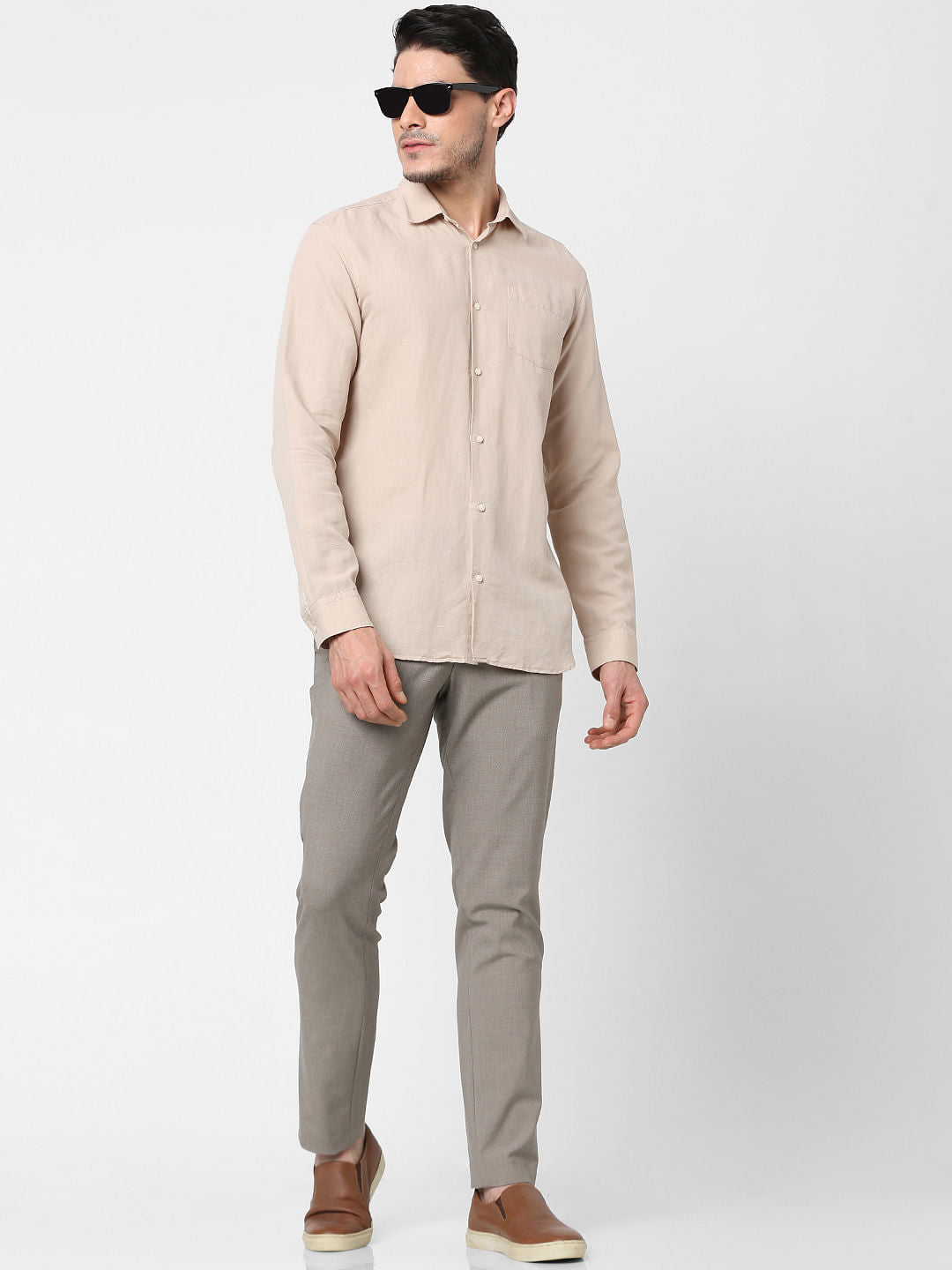 Beige Full Sleeves Linen Shirt