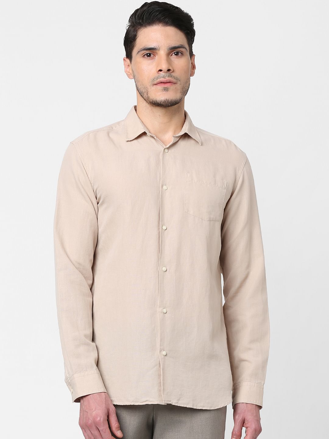 Beige Full Sleeves Linen Shirt