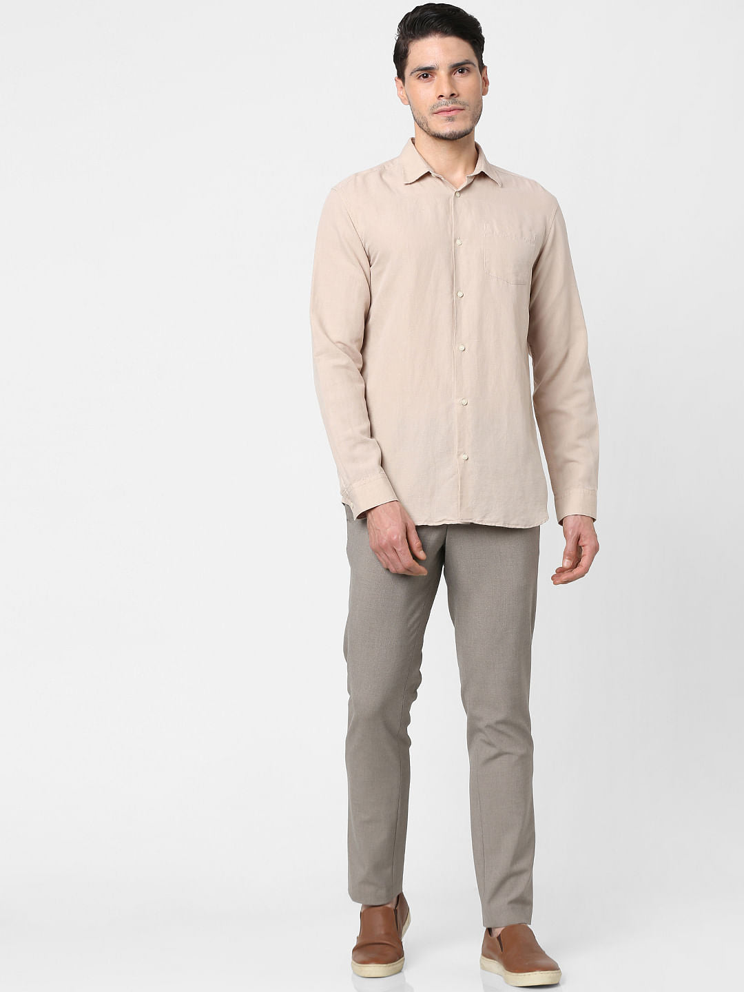 Beige Full Sleeves Linen Shirt