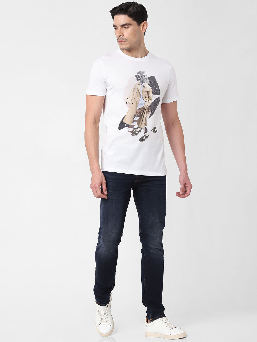White Digital Print Crew Neck T-Shirt
