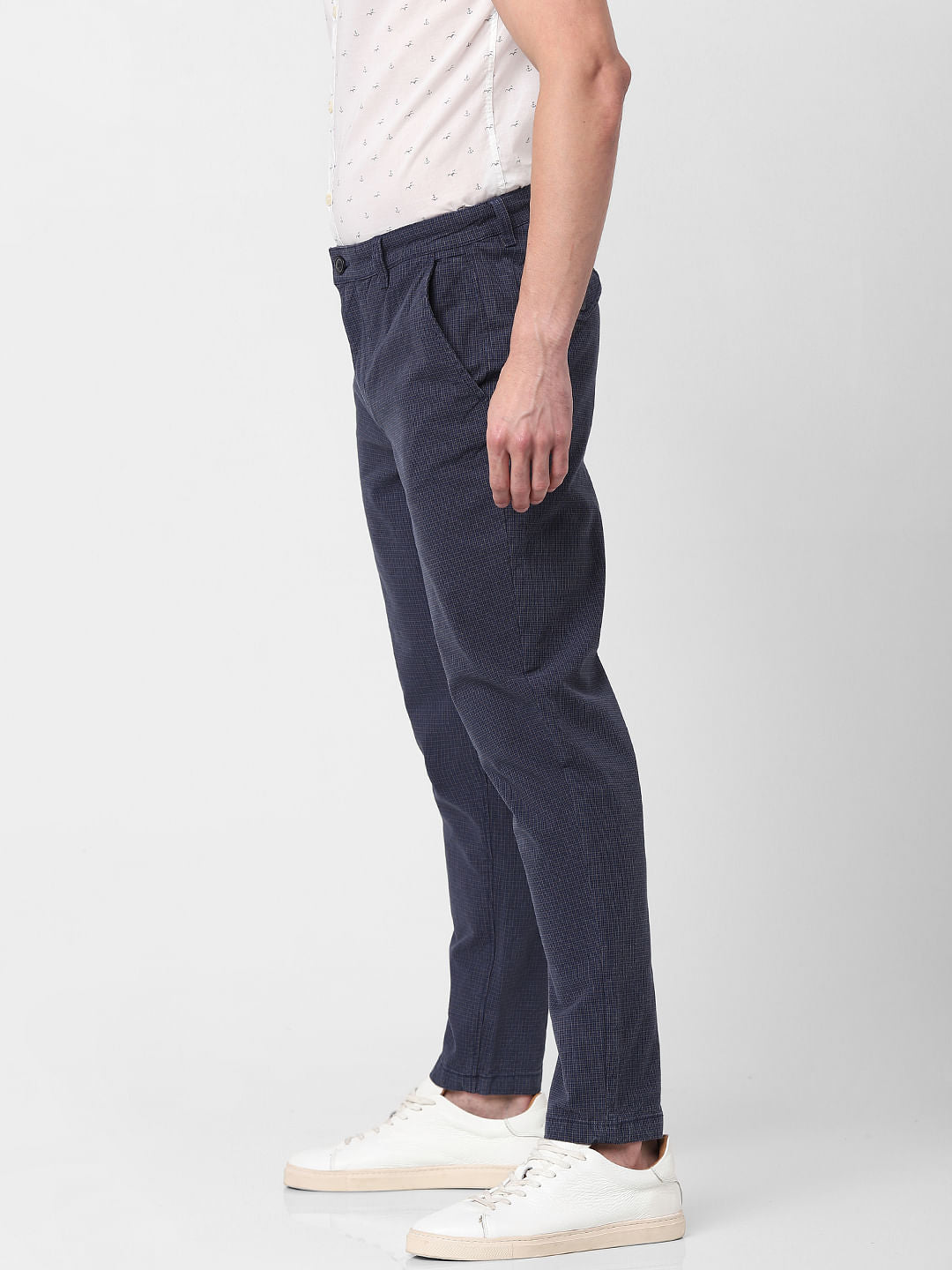 Blue Mid Rise Plaid Slim Fit Pants