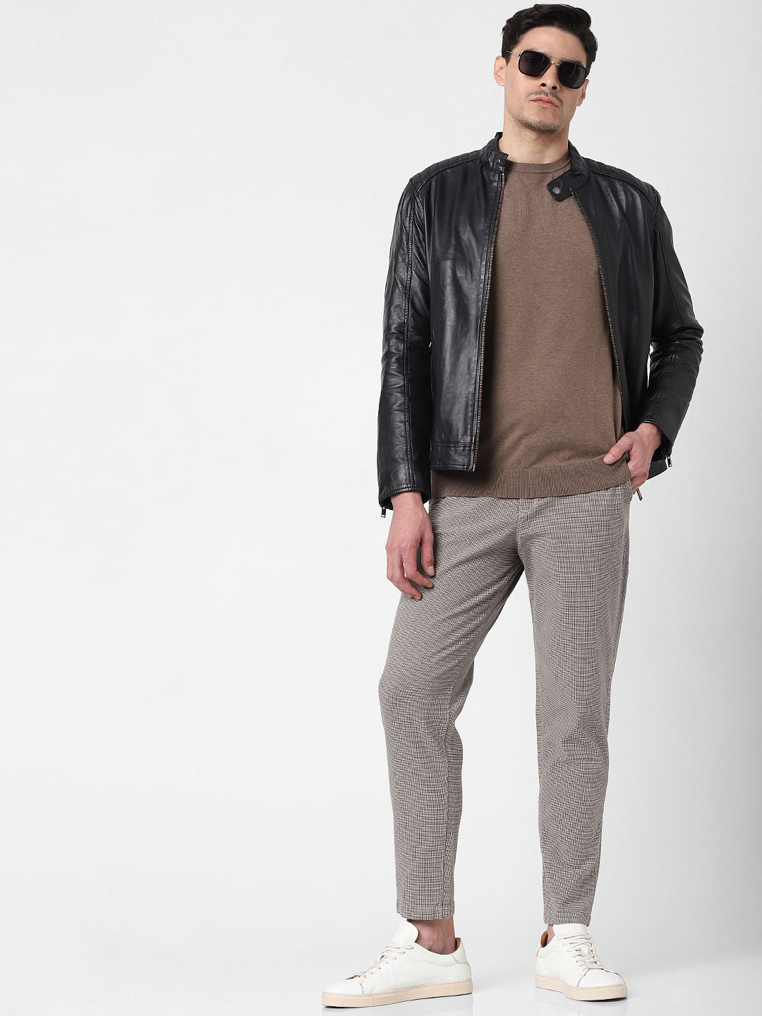 Beige Mid Rise Plaid Slim Fit Pants