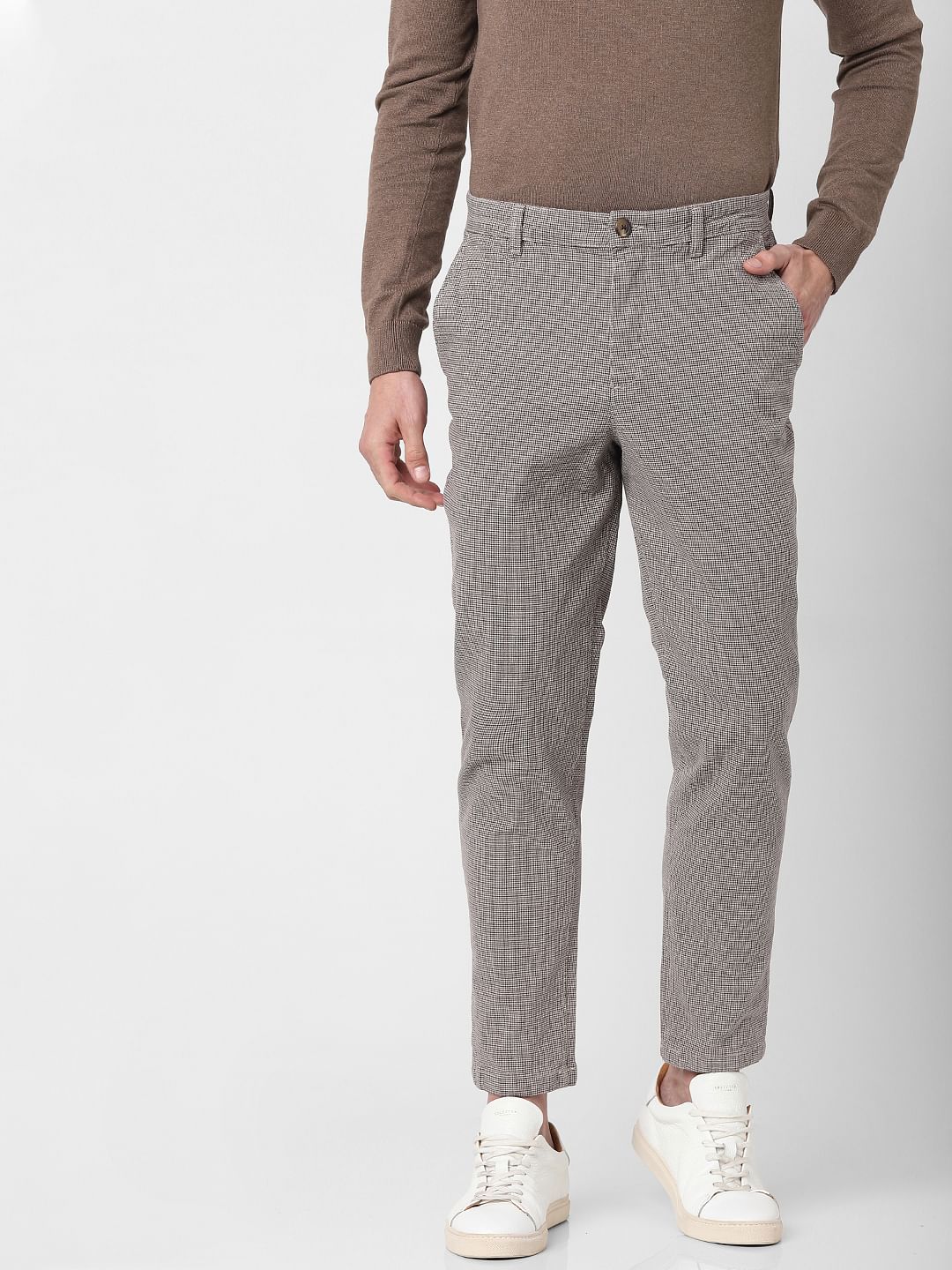 Beige Mid Rise Plaid Slim Fit Pants