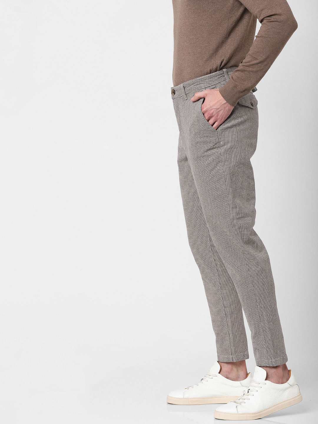 Beige Mid Rise Plaid Slim Fit Pants