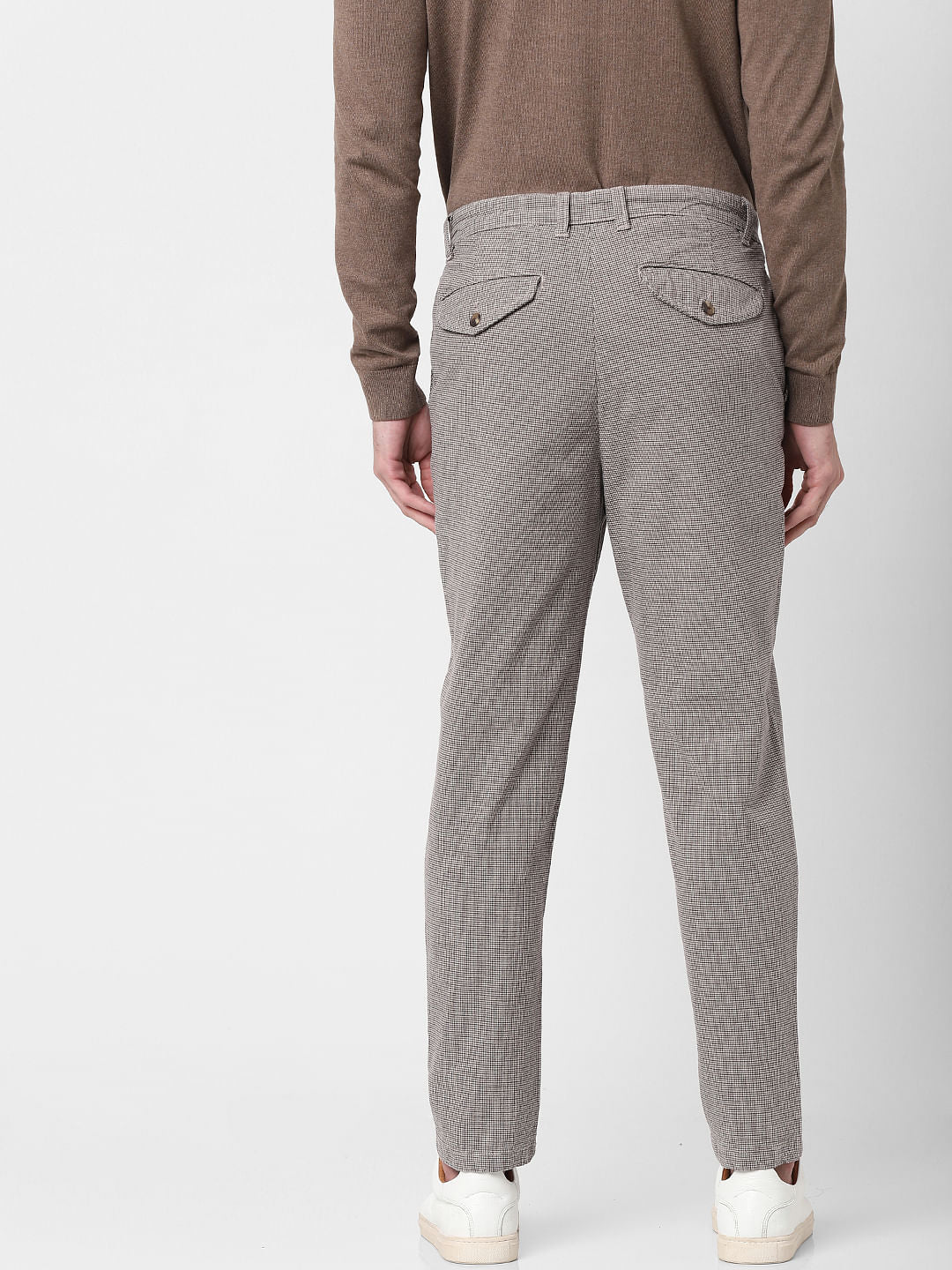 Beige Mid Rise Plaid Slim Fit Pants