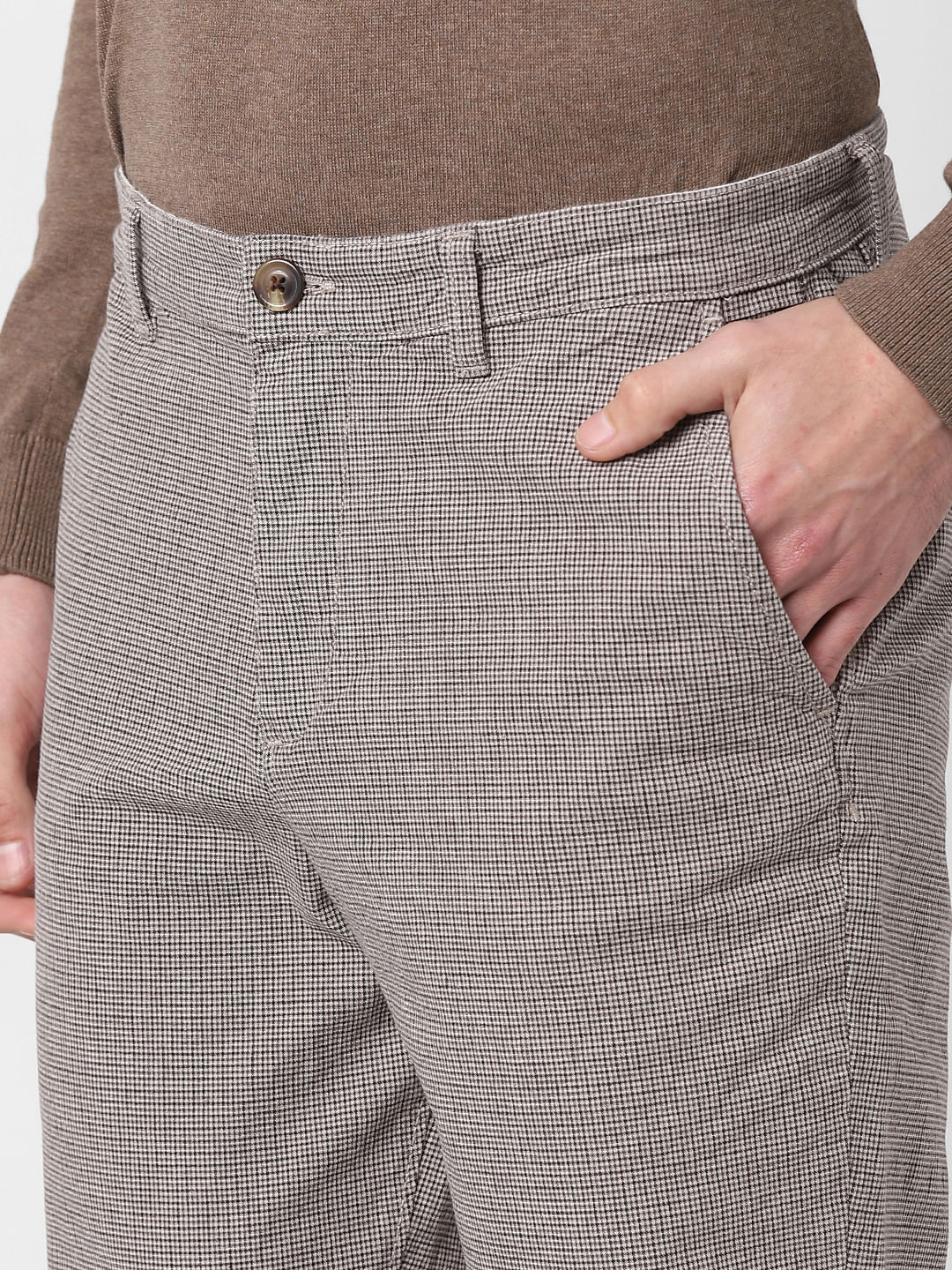 Beige Mid Rise Plaid Slim Fit Pants