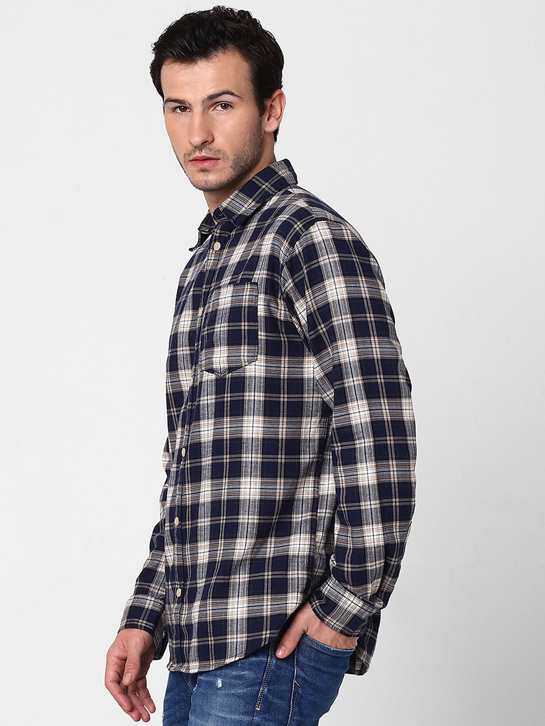 Navy Blue Check Full Sleeves Shirt
