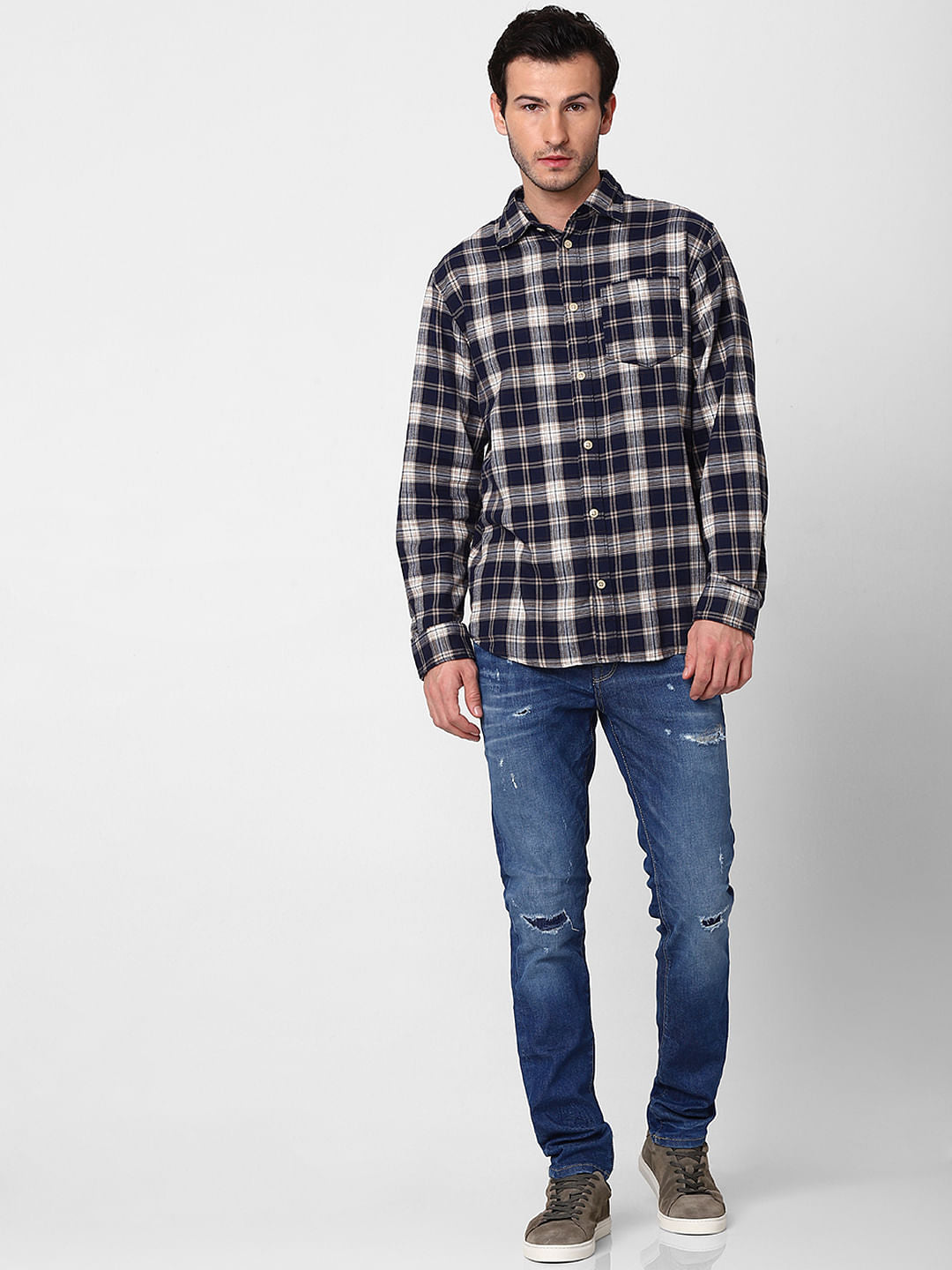 Navy Blue Check Full Sleeves Shirt