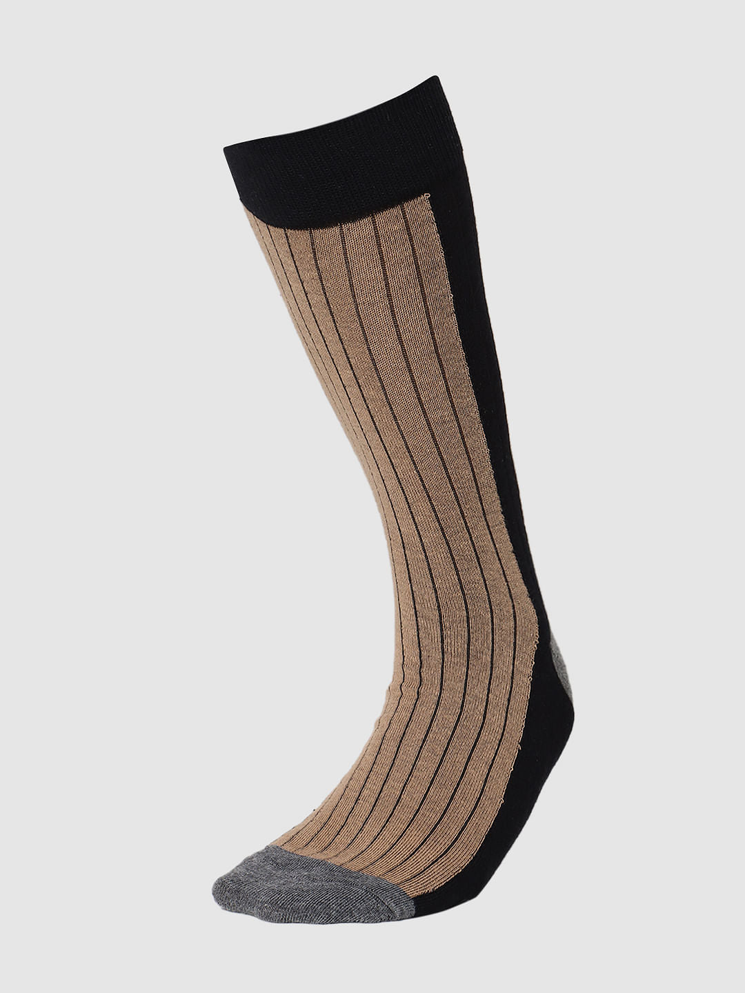 Beige Striped Mid Calf Length Socks