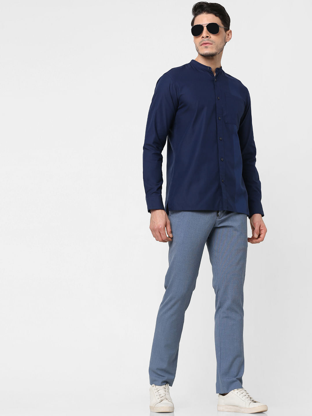 Dark Blue Self-Design Full Sleeves Shirt