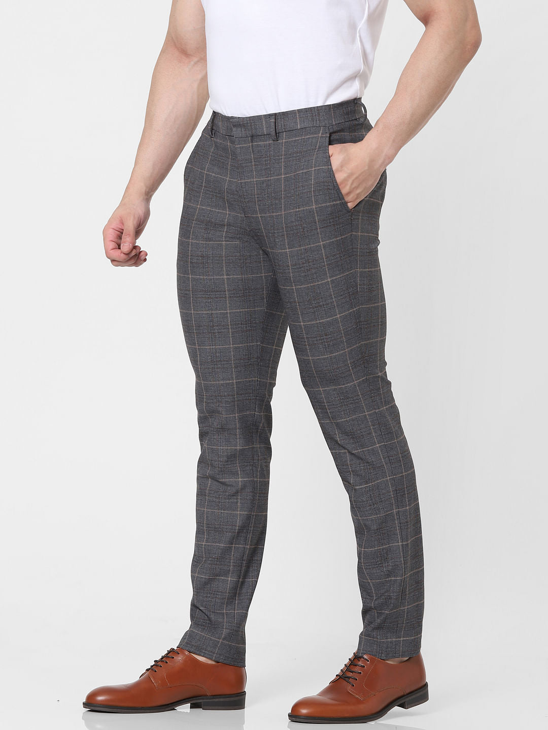 Grey Mid Rise Check Trousers