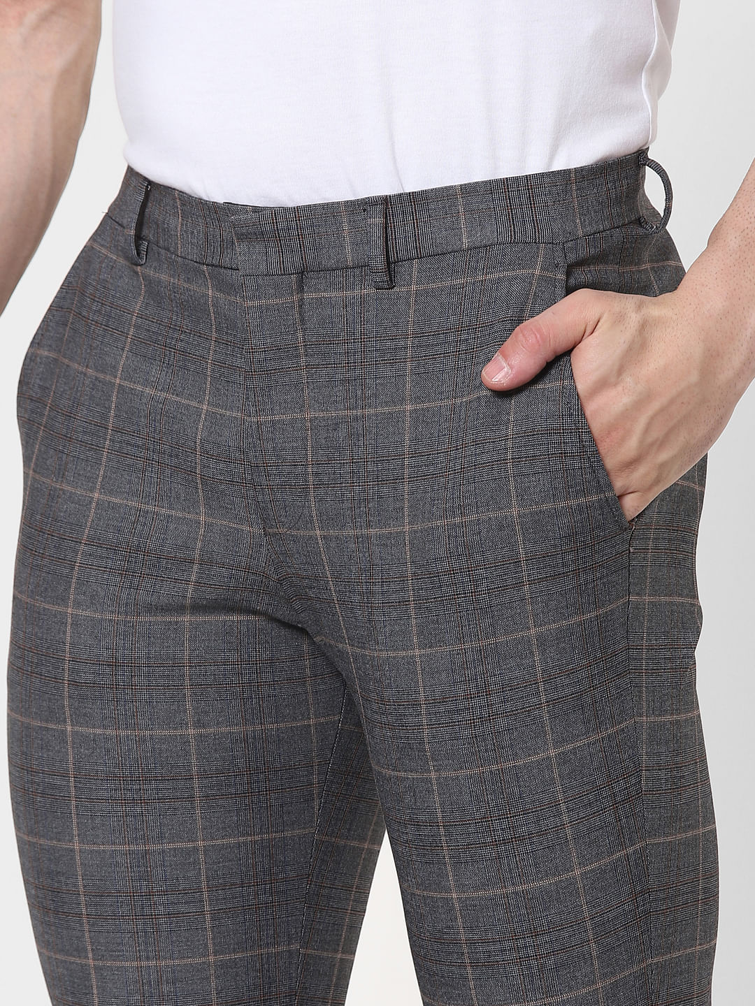 Grey Mid Rise Check Trousers