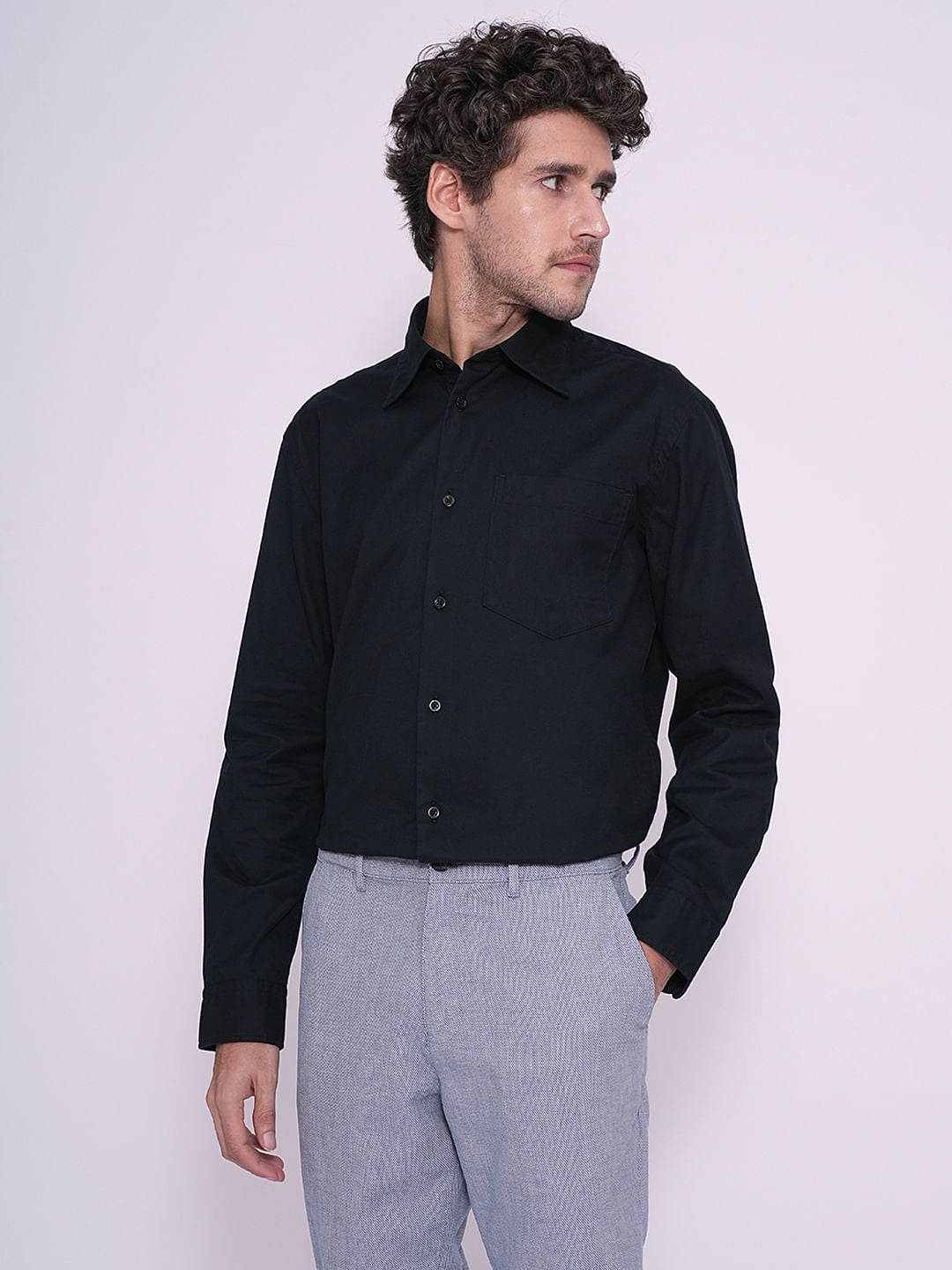 Black Twill Cotton Regular Fit Shirt