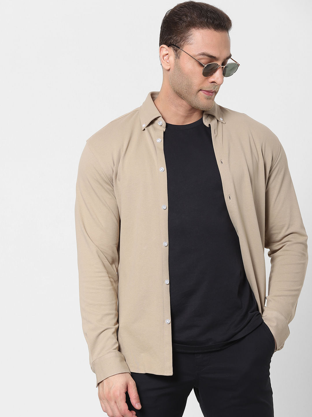 Beige Button Down Full Sleeves Knit Shirt