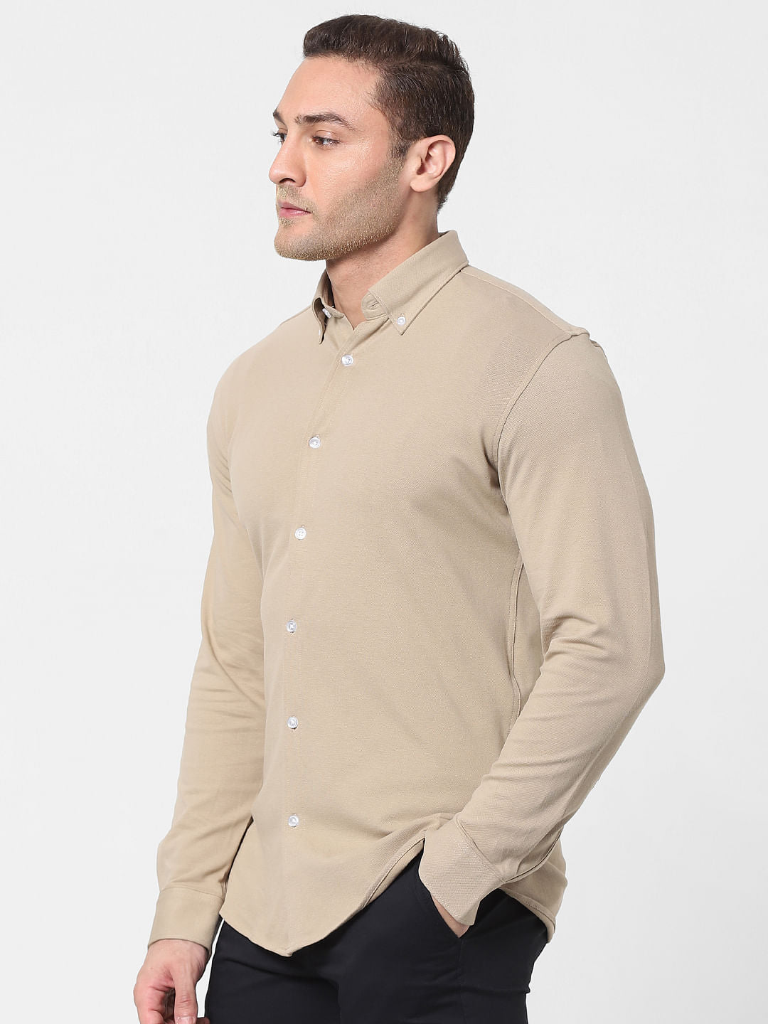 Beige Button Down Full Sleeves Knit Shirt