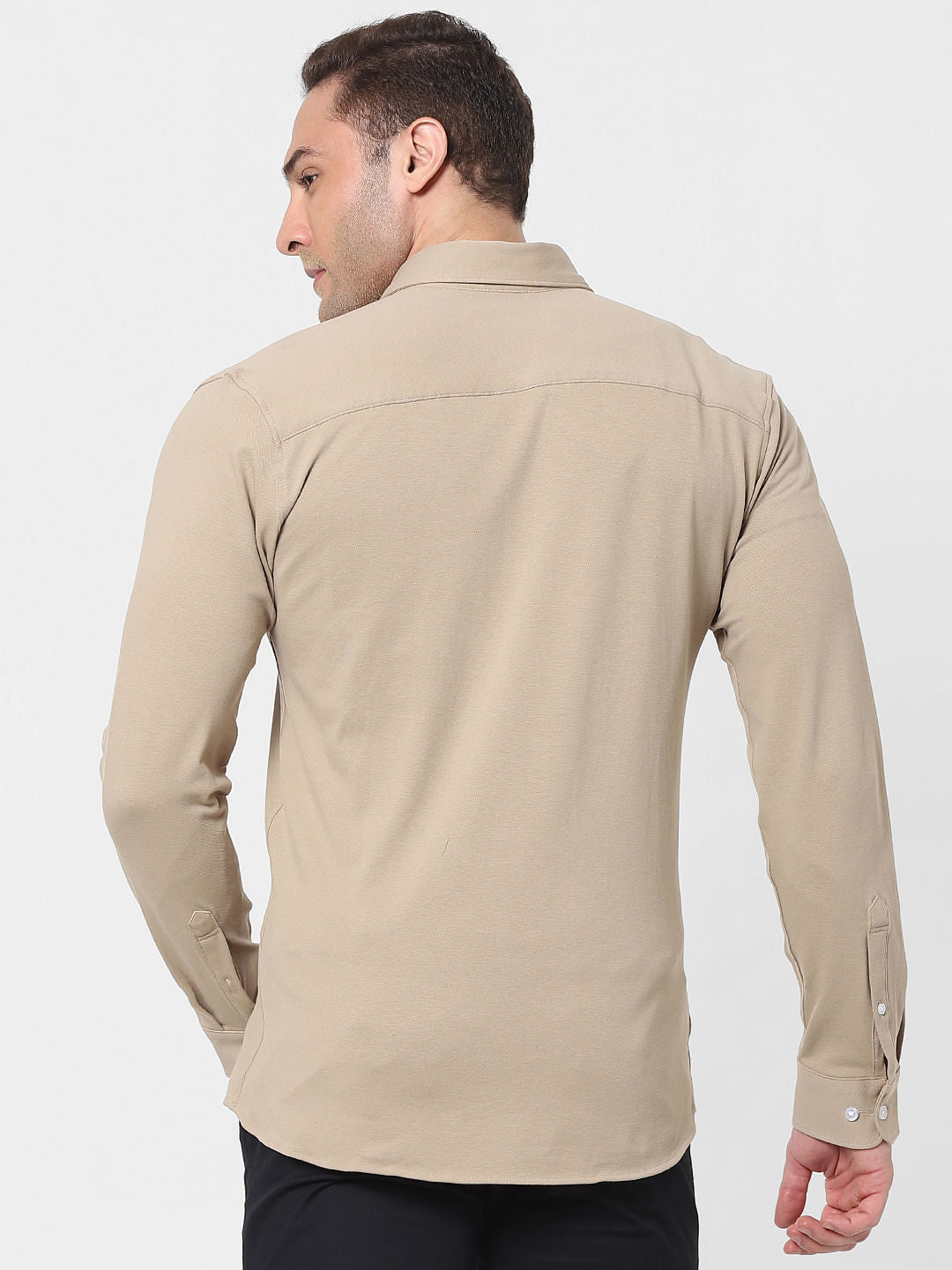 Beige Button Down Full Sleeves Knit Shirt