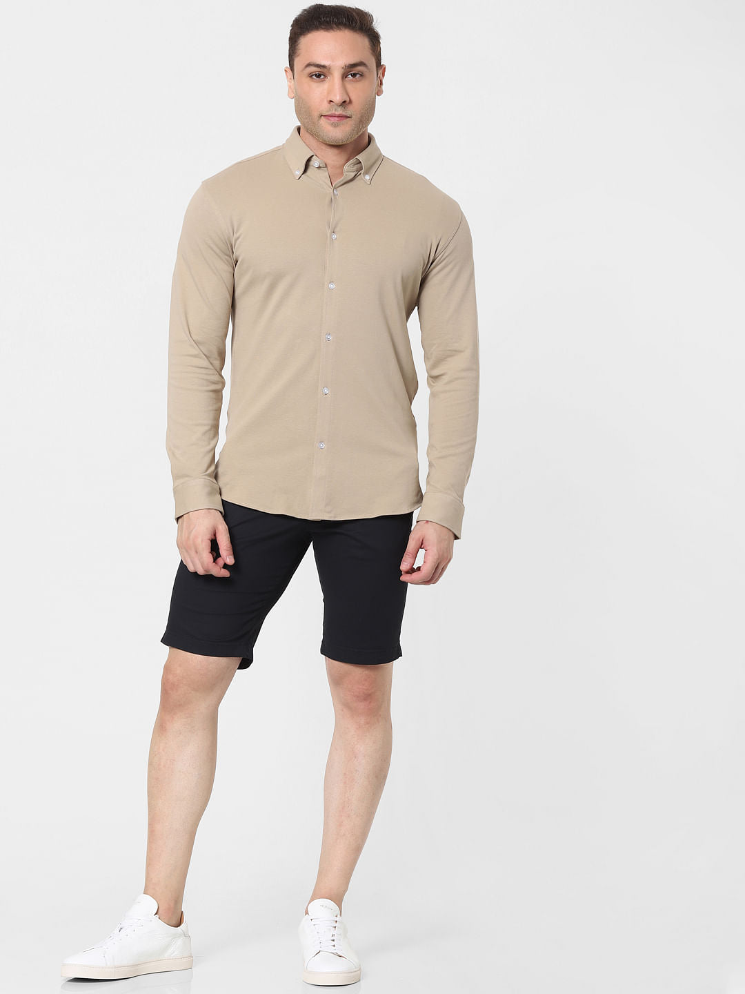 Beige Button Down Full Sleeves Knit Shirt