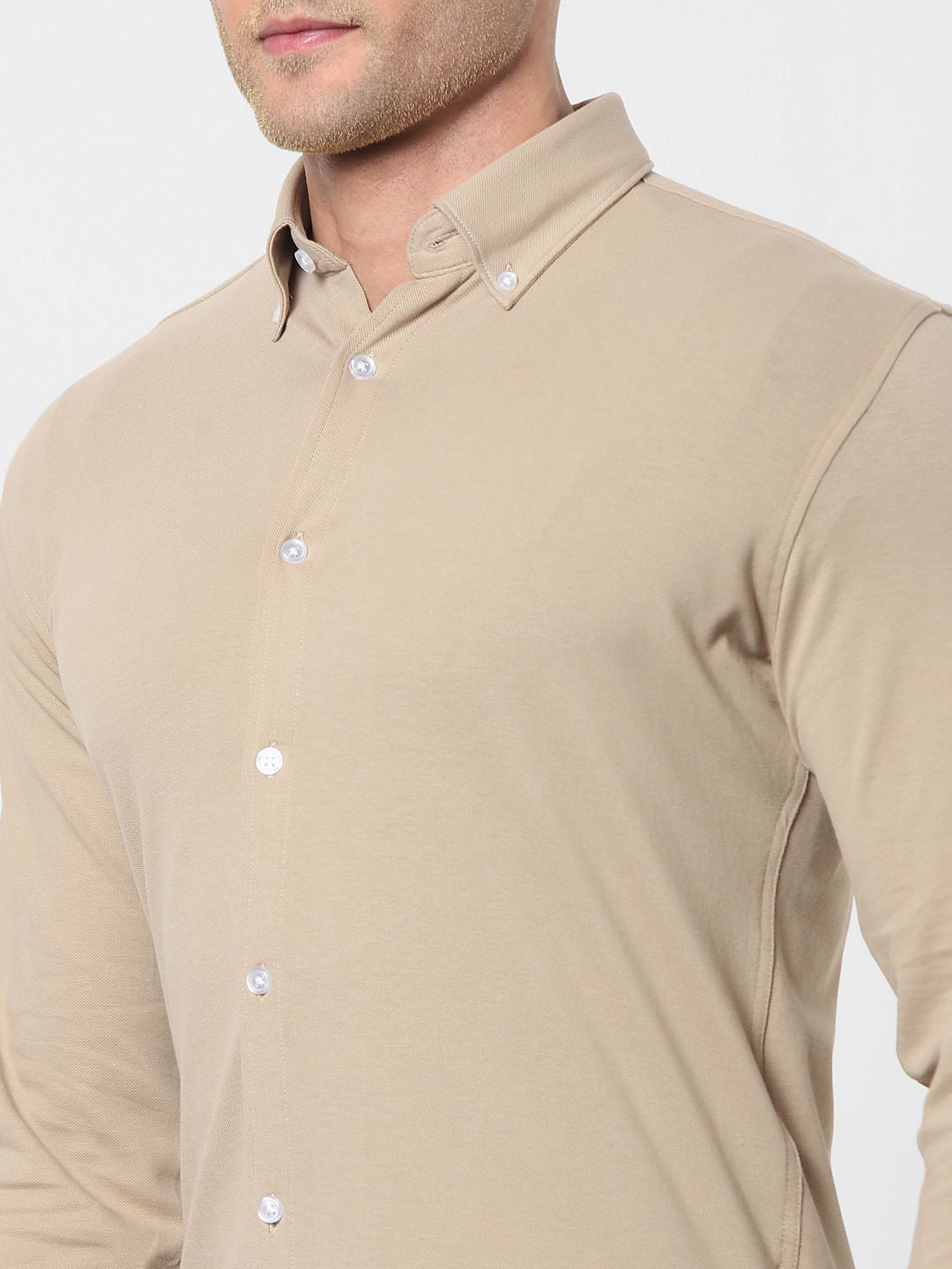 Beige Button Down Full Sleeves Knit Shirt