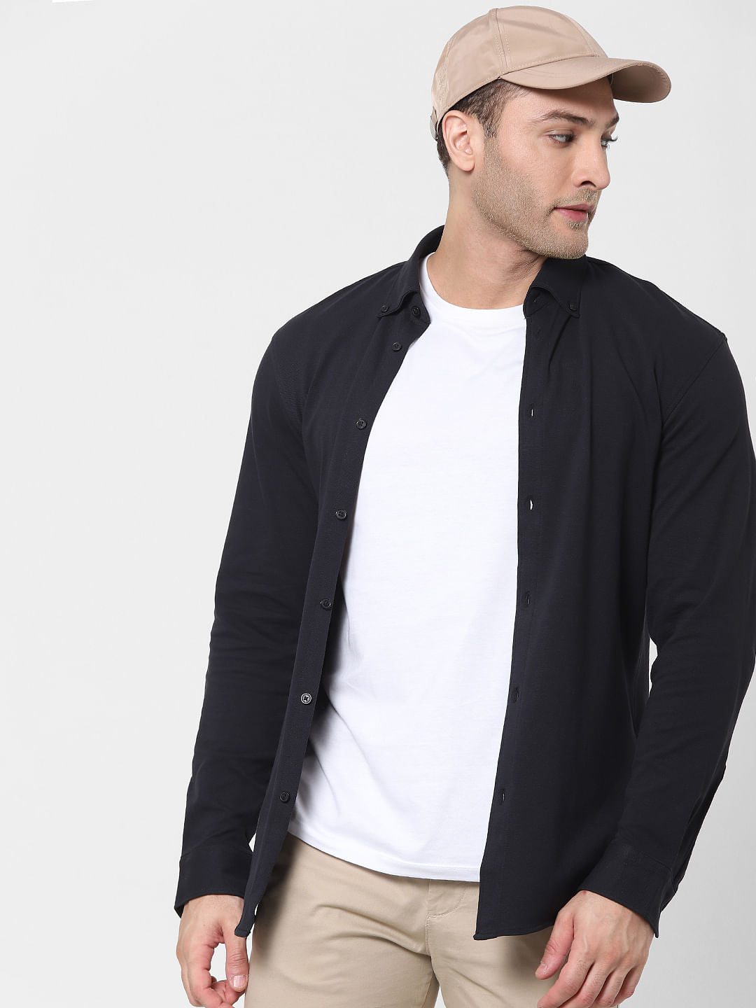 Black Button Down Full Sleeves Knit Shirt