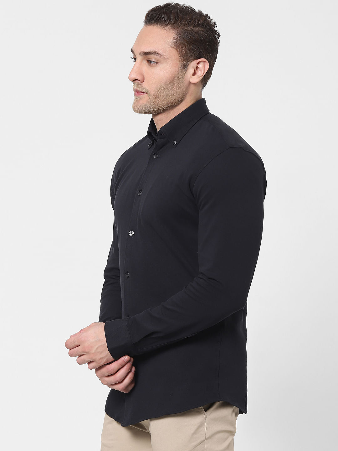 Black Button Down Full Sleeves Knit Shirt