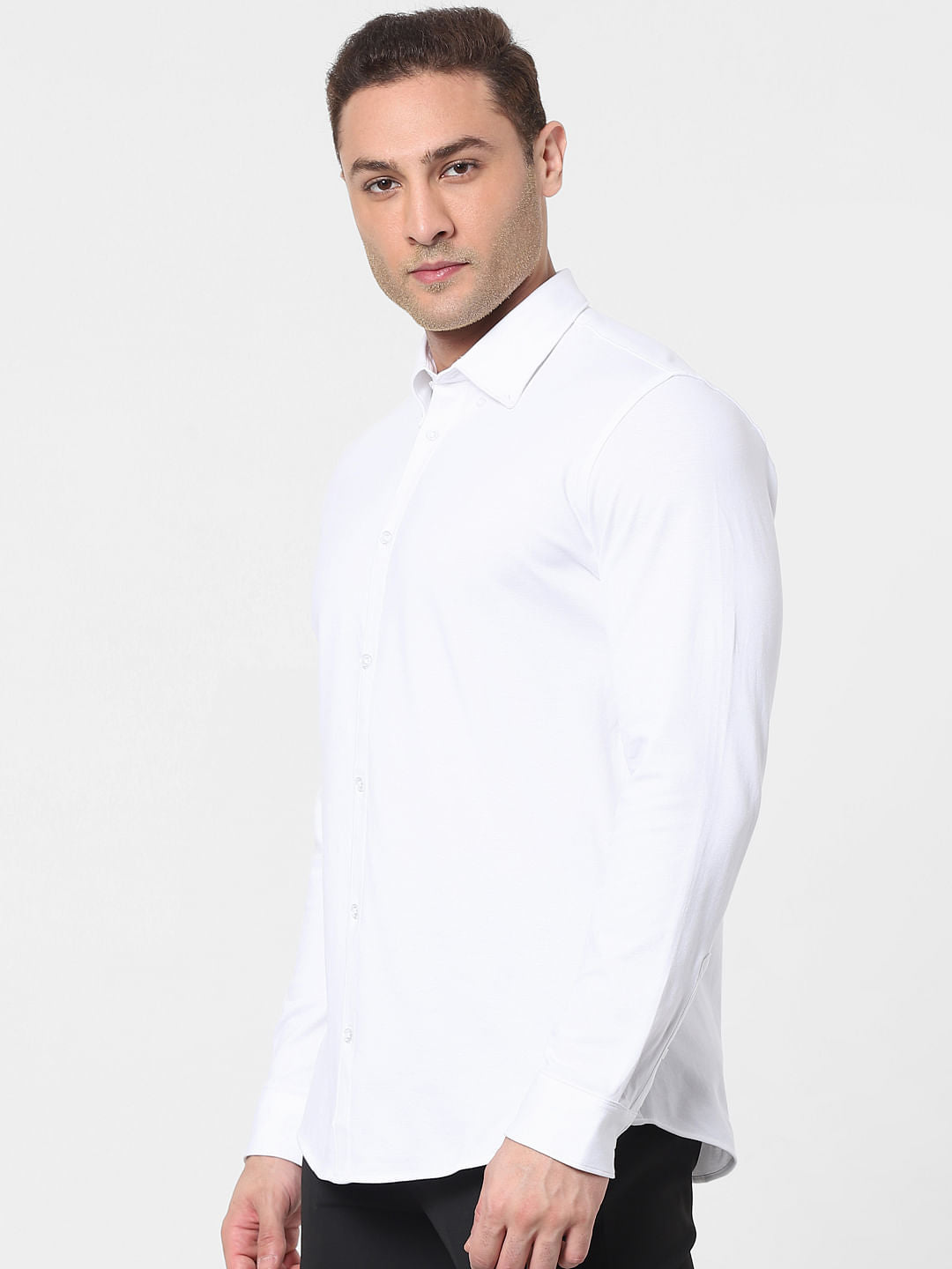 White Button Down Full Sleeves Knit Shirt