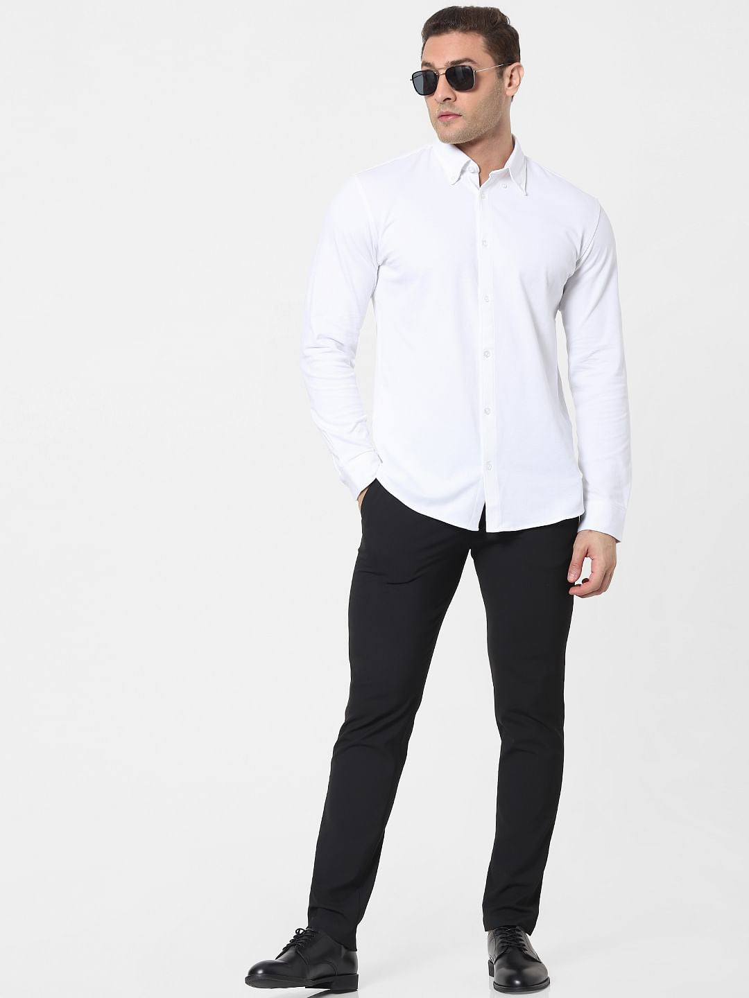 White Button Down Full Sleeves Knit Shirt