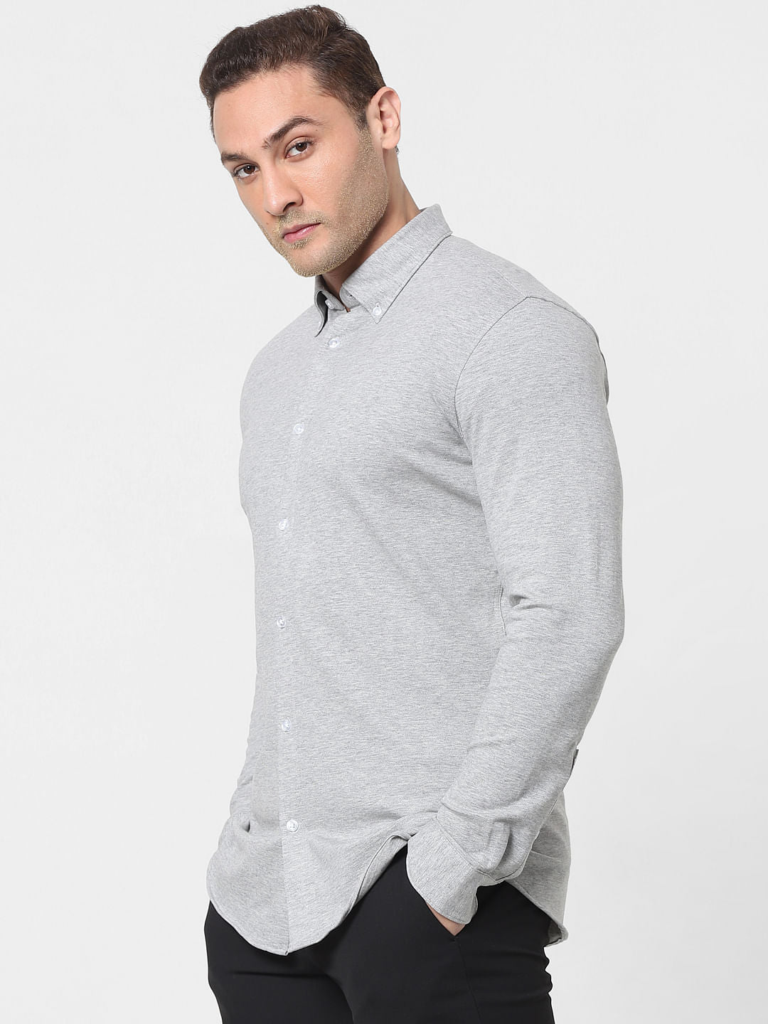 Grey Button Down Full Sleeves Knit Shirt