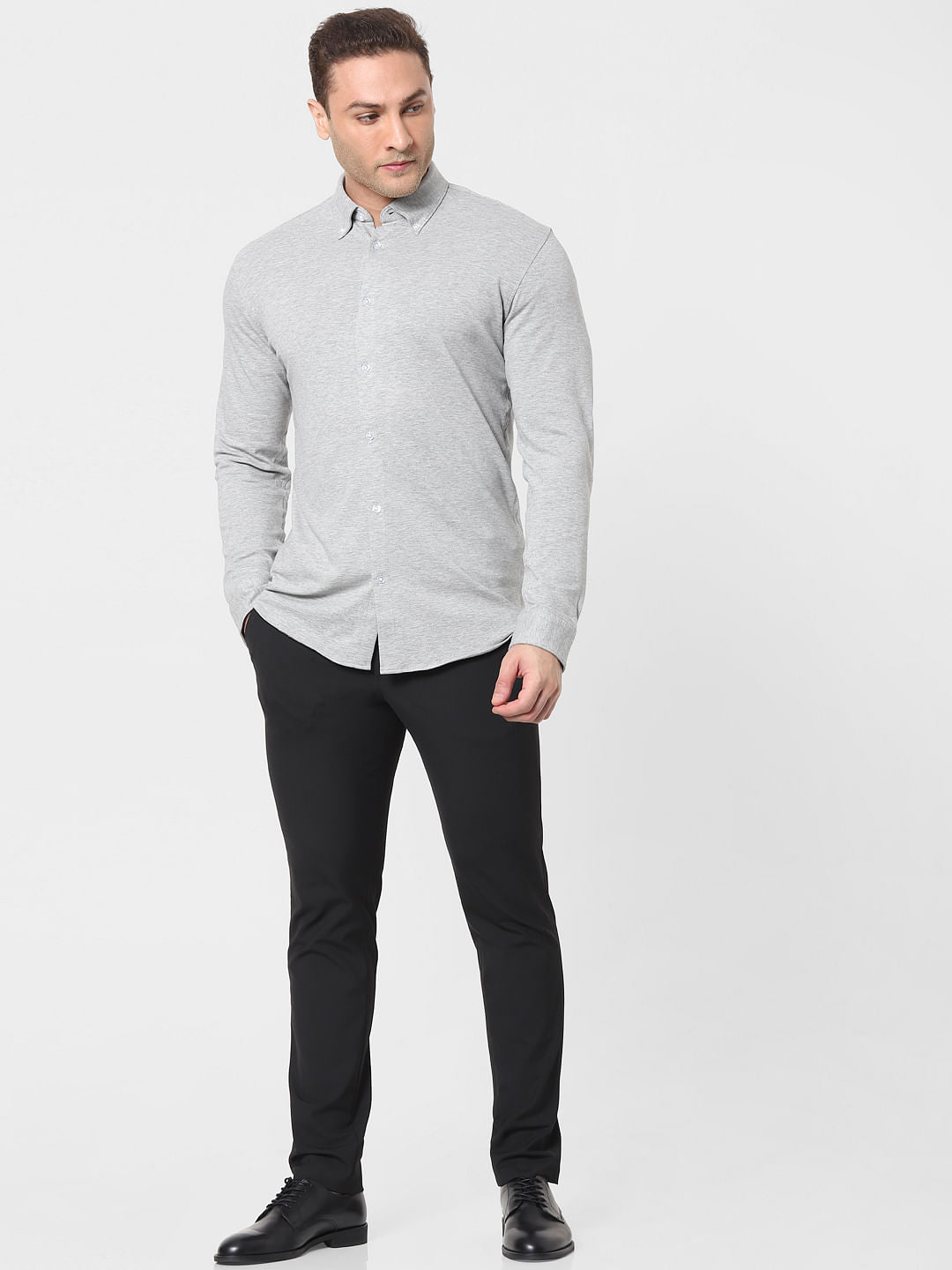 Grey Button Down Full Sleeves Knit Shirt